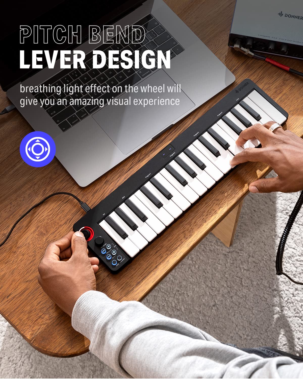 USB MIDI Keyboard Controller MINI 32-Key, Donner N-32 with Screen, Sequencer, Chord, Bend Sound Effects By Light-up Joystick for Mac/PC, Music Production Software, 40 Teaching Courses N32 - Image 3