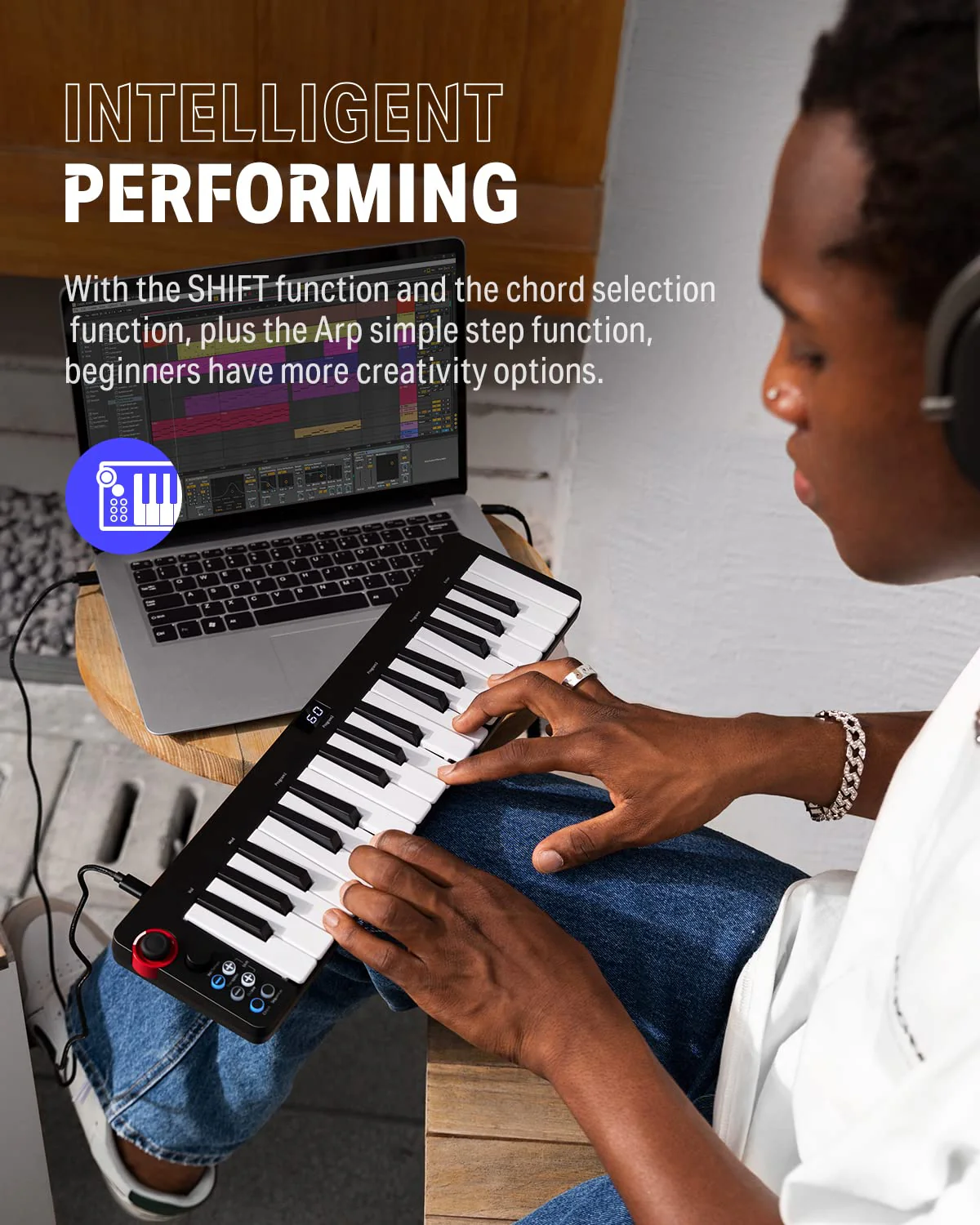 USB MIDI Keyboard Controller MINI 32-Key, Donner N-32 with Screen, Sequencer, Chord, Bend Sound Effects By Light-up Joystick for Mac/PC, Music Production Software, 40 Teaching Courses N32 - Image 4