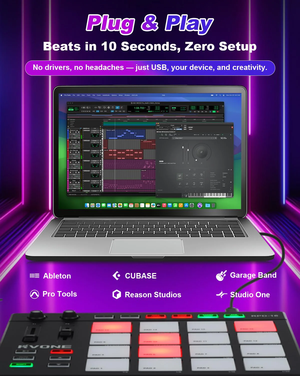USB MIDI Pad Controller with 16 Velocity Senstive Drum Pads| 7 RGB Lights & DAW Control| 2 Assignable Knobs & Faders| Drum Machine with Note Repeat & Full Level| Plug & Play| Beat Maker Beginner - Image 2