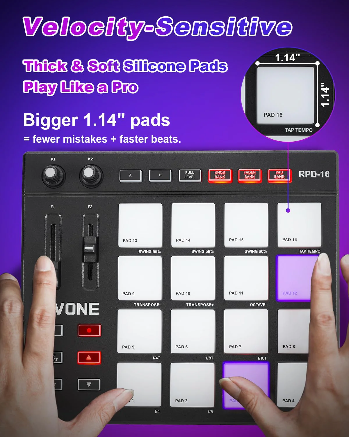 USB MIDI Pad Controller with 16 Velocity Senstive Drum Pads| 7 RGB Lights & DAW Control| 2 Assignable Knobs & Faders| Drum Machine with Note Repeat & Full Level| Plug & Play| Beat Maker Beginner - Image 3