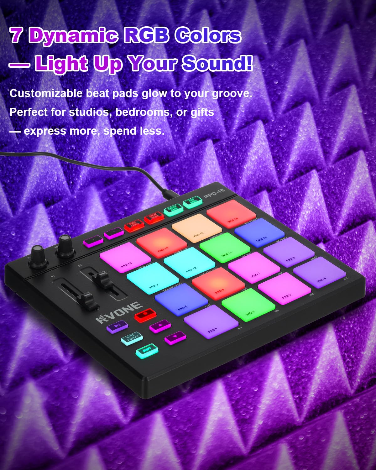 USB MIDI Pad Controller with 16 Velocity Senstive Drum Pads| 7 RGB Lights & DAW Control| 2 Assignable Knobs & Faders| Drum Machine with Note Repeat & Full Level| Plug & Play| Beat Maker Beginner - Image 4