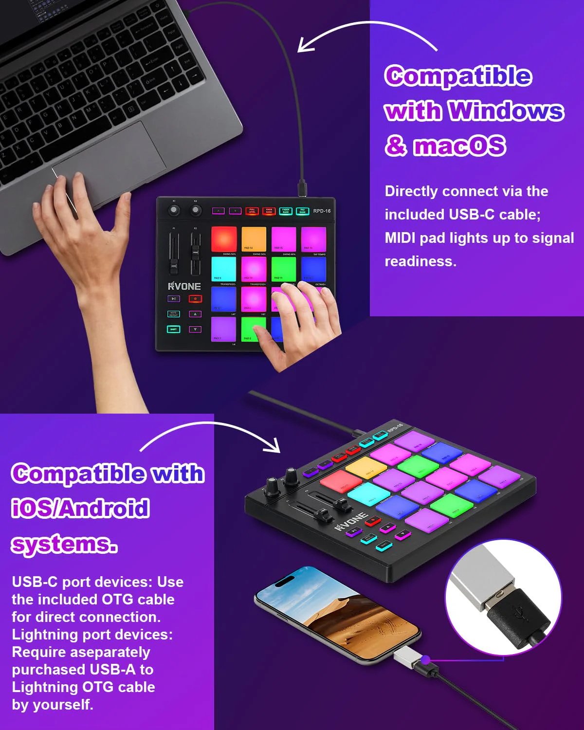 USB MIDI Pad Controller with 16 Velocity Senstive Drum Pads| 7 RGB Lights & DAW Control| 2 Assignable Knobs & Faders| Drum Machine with Note Repeat & Full Level| Plug & Play| Beat Maker Beginner - Image 6