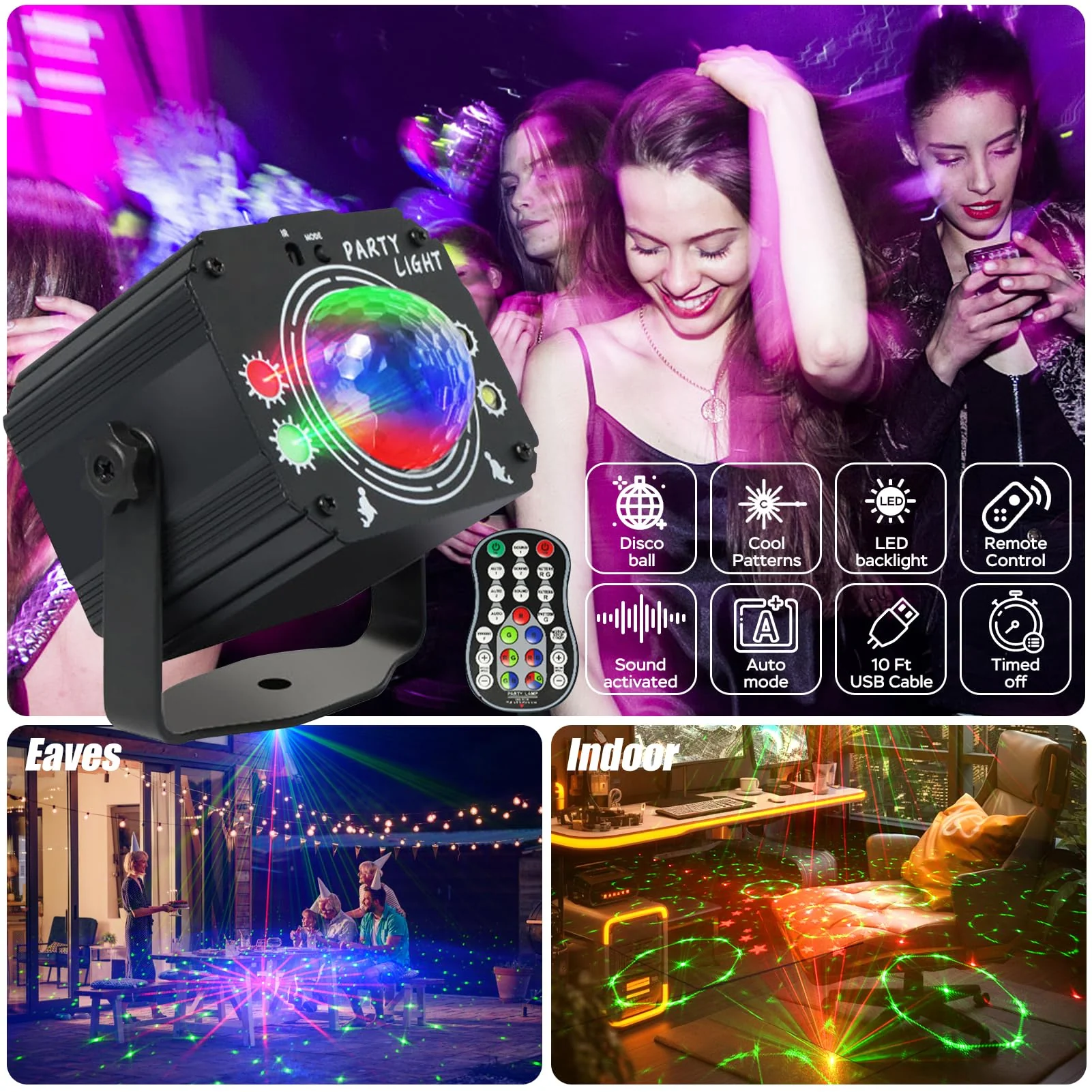 USB Powered Mini Party Light Sound-Activated Disco Ball DJ Projector Ideal for Christmas, Raves, Home Karaoke, Dance, Clubs, and Bar Parties,Matte Black - Image 2