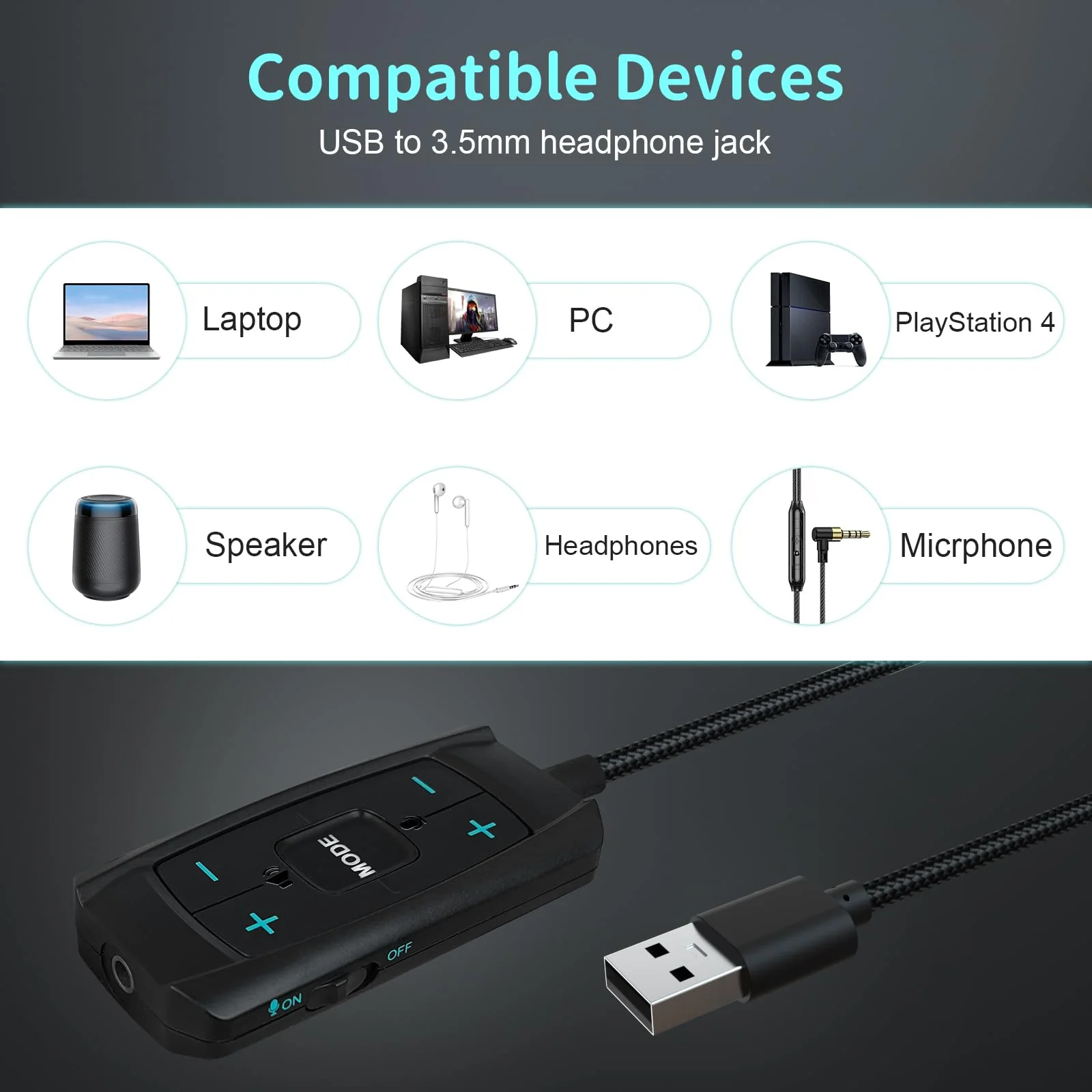 USB Sound Card Virtual 7.1 Surround Sound USB to 3.5mm Jack Audio Adapter Cable External Sound Card for PC/PS4/PS5/Mac/Stereo Headset, 6.5ft, Audio Control Box, Plug and Play - Image 6
