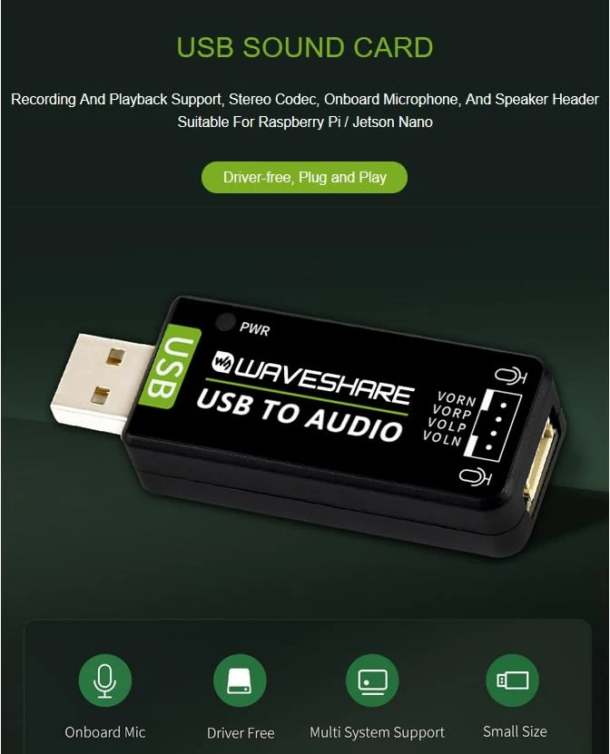 USB Sound Card with 8Ω 5W Speaker for Raspberry Pi/Jetson Nano, USB to Audio Adapter Support Recording and Playback, Stereo Codec Onboard Microphone and Speaker Header, Driver-Free, Plug and Play - Image 2