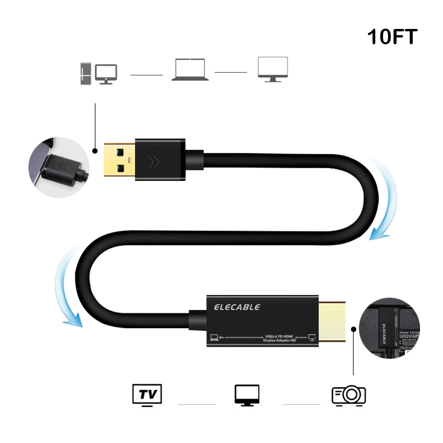 USB to HDMI Adapter Cable 10FT for Mac OS Windows 11/10/8/7, USB 3.0 to HDMI Male HD 1080P Monitor Display Audio Video Converter Cord. (10FT) - Image 2