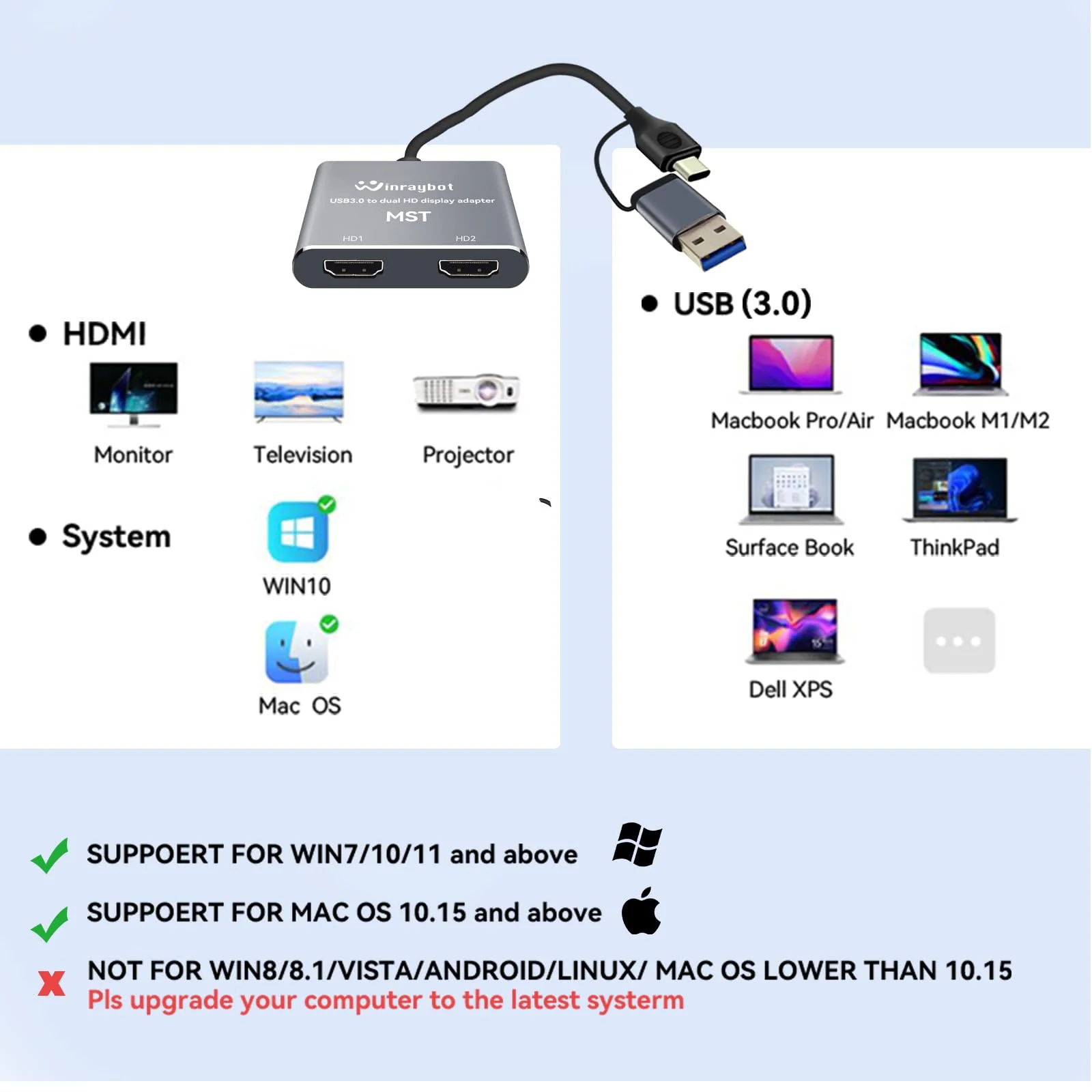 USB to HDMI Adapter for 2 Monitors-USB3.0 to Dual hdmi Adapter for 3 Monitors-USB to displayport Adapter Supports Mac & Windows/Dual HDMI Extender -External Video & Graphics Card Adapter usb to 2 hdmi - Image 8