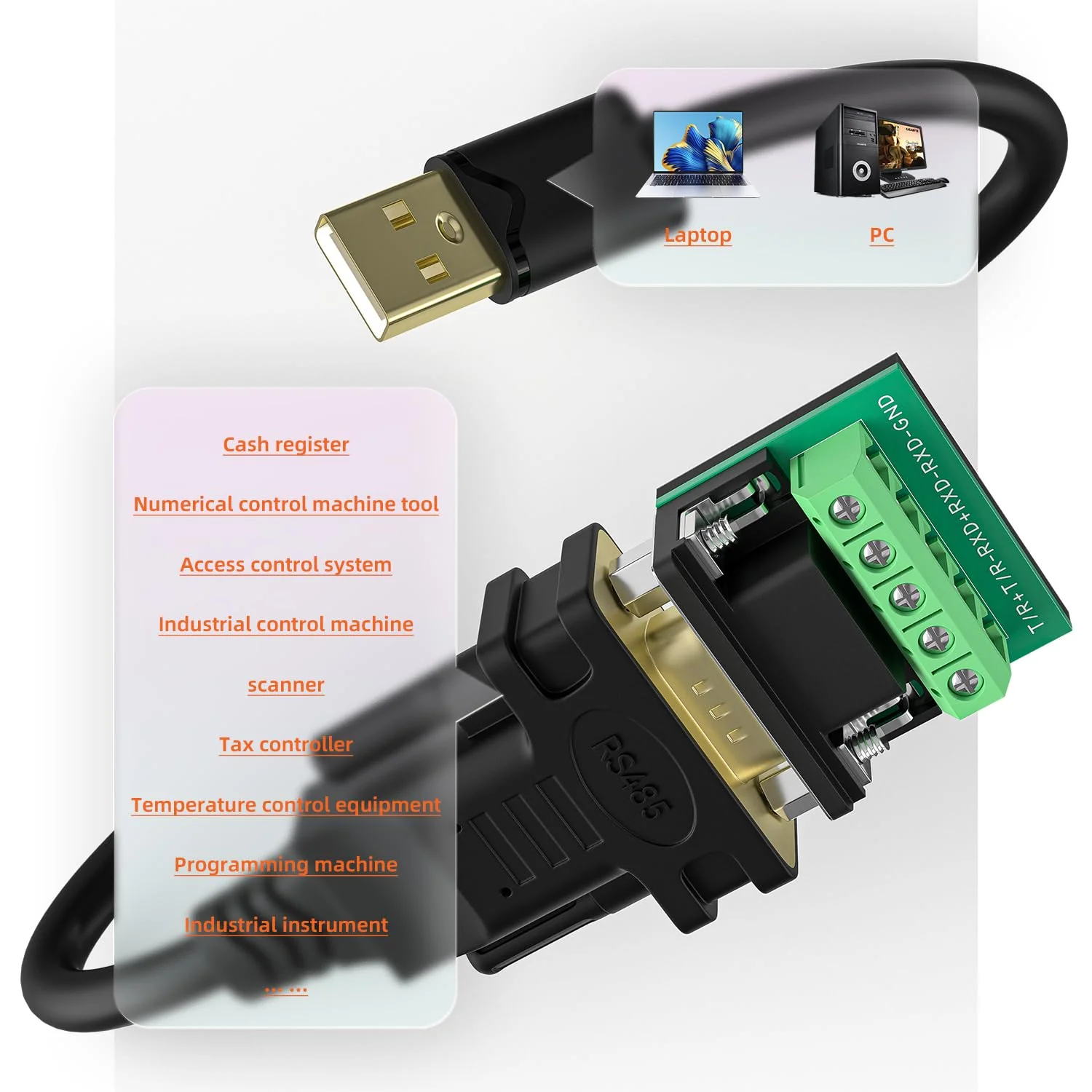 USB to RS485/RS422 Serial Port Converter Adapter Cable with FTDI Chip Supports Windows 11 10 8 7 XP Mac 6 Feet 6FT USB to RS485/422 - Image 2