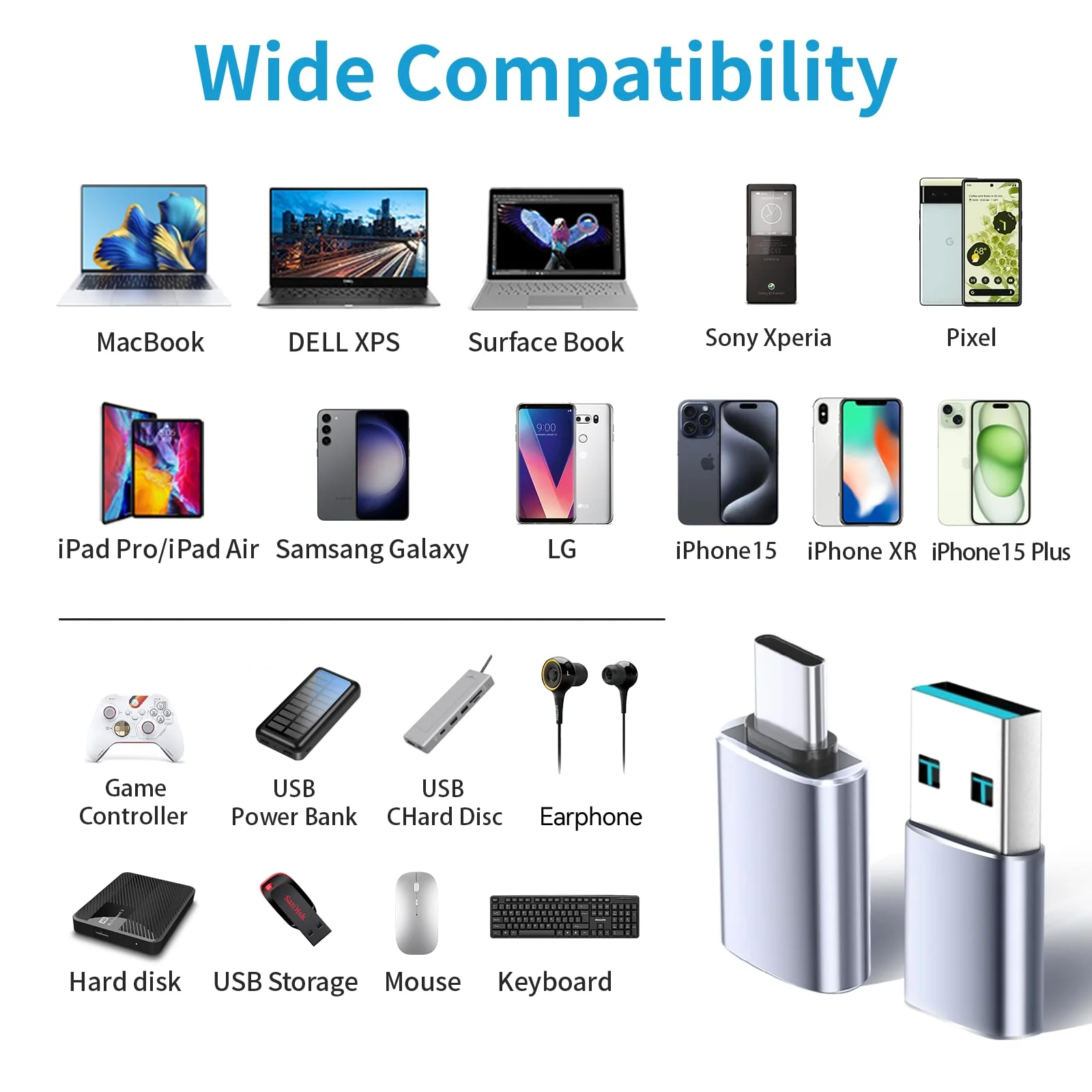 USB to USB C Adapter 4 Pack, 2*Type C Female to A Male Charger Converter & 2*USB C Male to USB 3.0 Female for Apple Watch iPhone 15 Pro Max 14 13 12,AirPods Ultra 8 9 Samsung, OTG Adapt USB to USB C - Image 2
