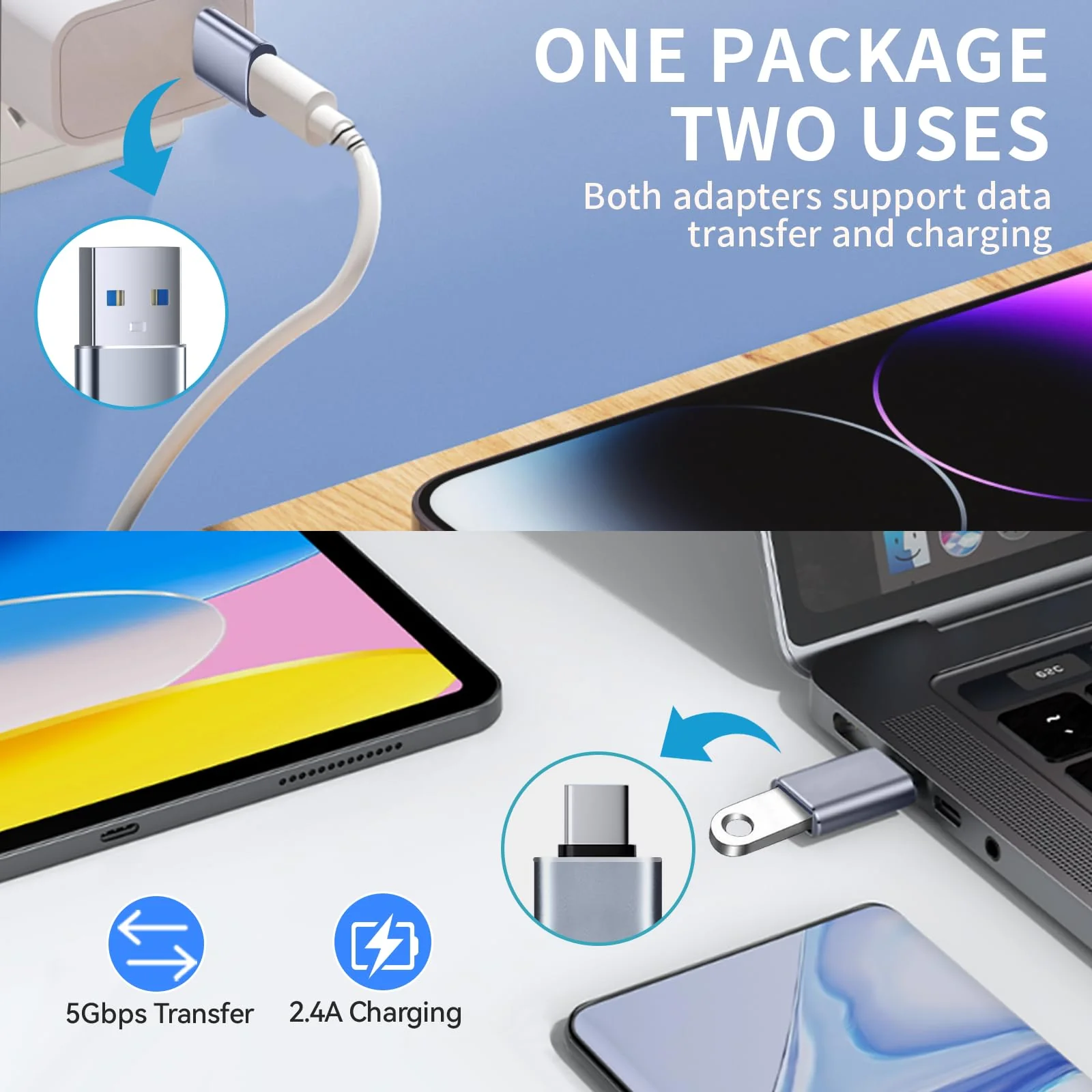 USB to USB C Adapter 4 Pack, 2*Type C Female to A Male Charger Converter & 2*USB C Male to USB 3.0 Female for Apple Watch iPhone 15 Pro Max 14 13 12,AirPods Ultra 8 9 Samsung, OTG Adapt USB to USB C - Image 9