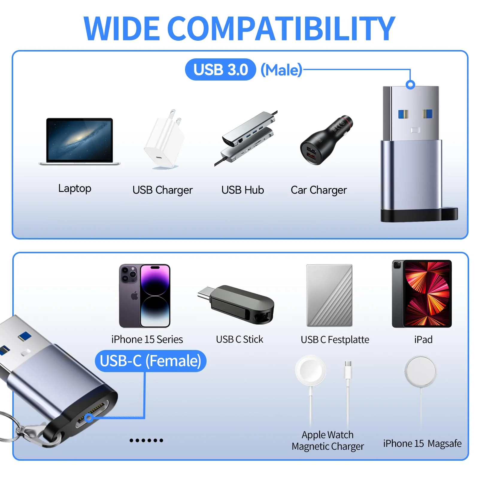 USB to USB C Adapter USB C Male to USB 3.0 Female 2 Pack, Type C Female to A Male Charger Converter，USB C Female to USB Male Adapter Compatible for Apple Watch Ultra 8 9,iPhone 15 Pro Max 14 13 12,OTG - Image 2
