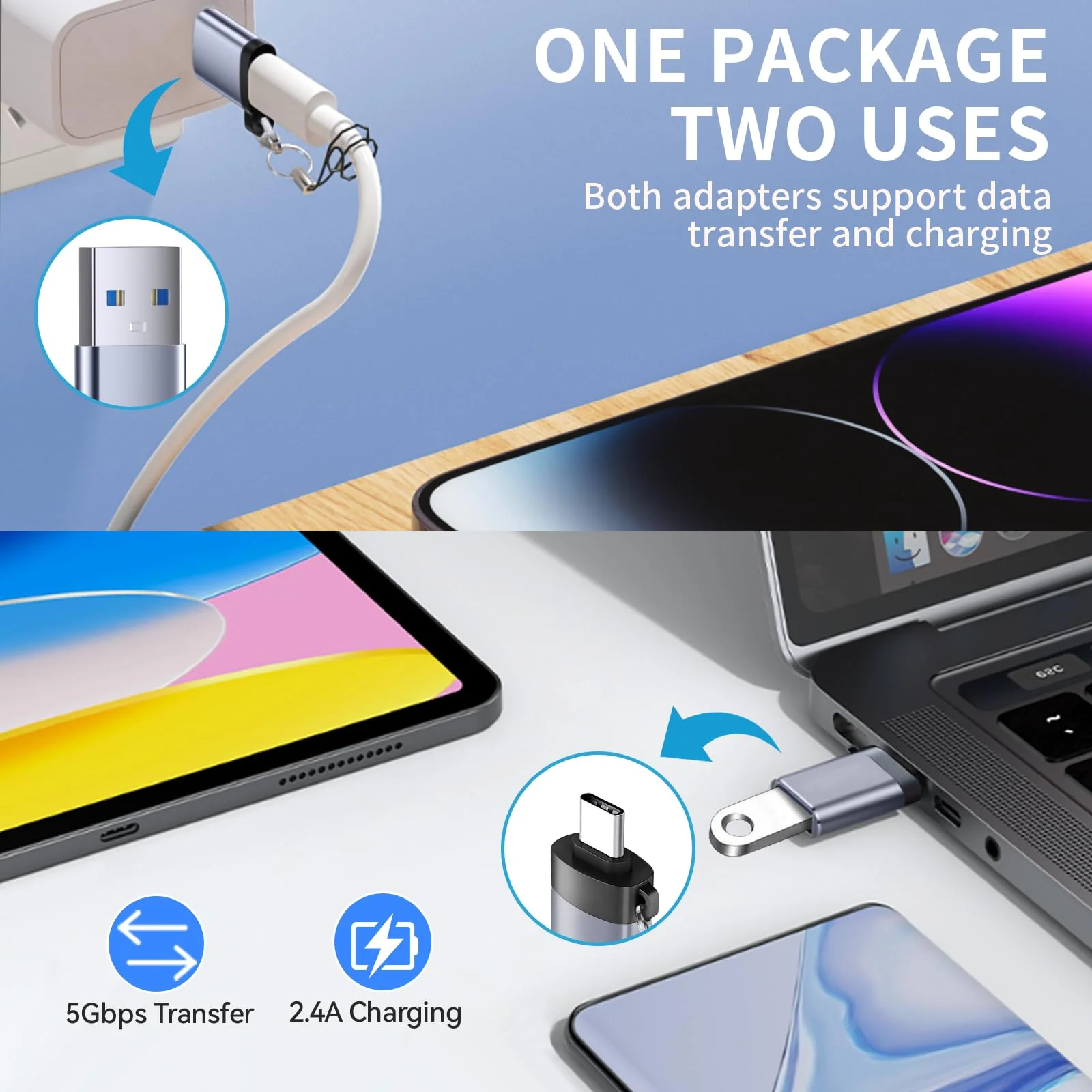 USB to USB C Adapter USB C Male to USB 3.0 Female 2 Pack, Type C Female to A Male Charger Converter，USB C Female to USB Male Adapter Compatible for Apple Watch Ultra 8 9,iPhone 15 Pro Max 14 13 12,OTG - Image 6