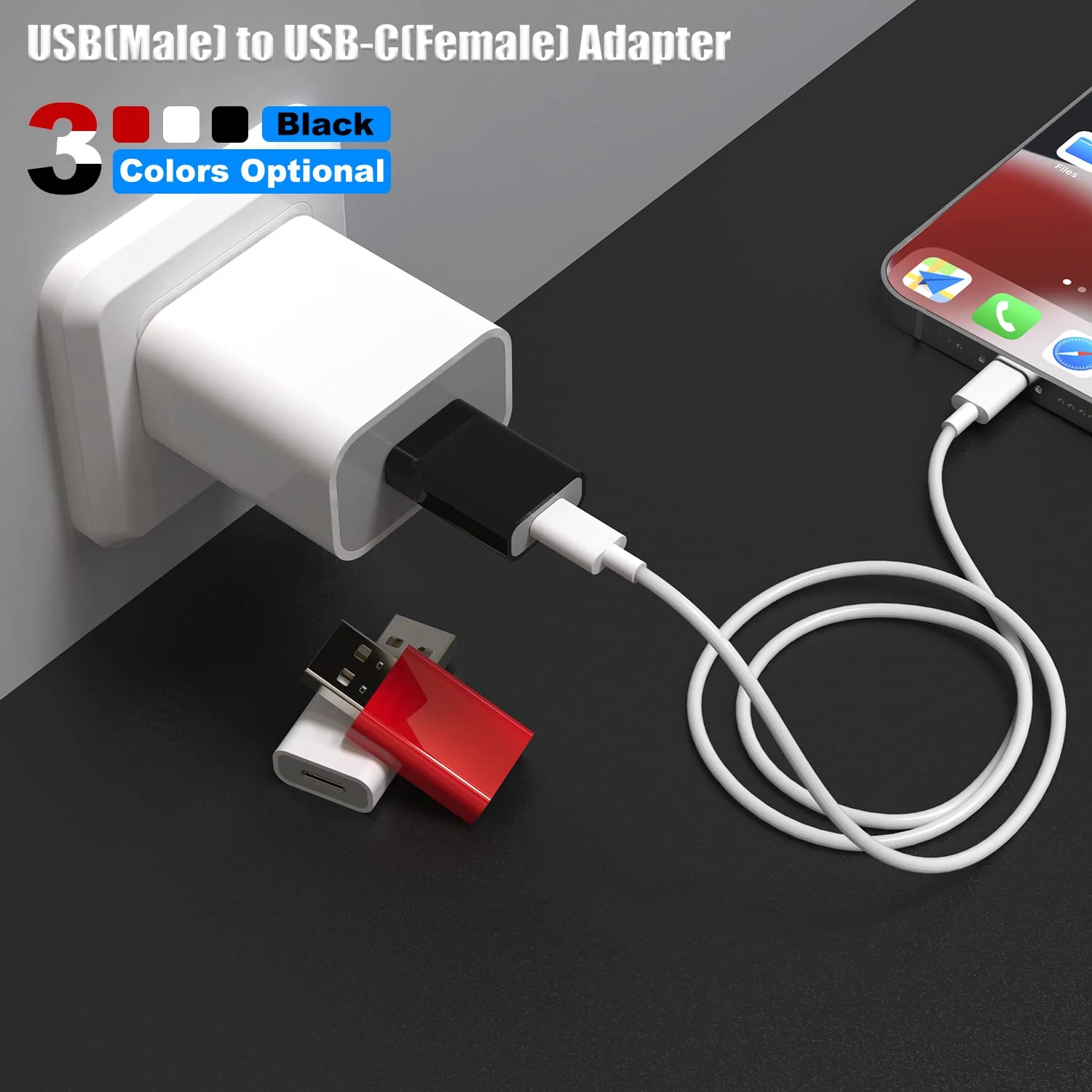USB to USB-C Female Adapter Pack-2,Compatible with Apple Watch SE/7/8/9/Ultra MagSafe Charger,Type-C Charger Cable Converter for iPhone,iPad,AirPods,Car USB Charger and USB-C Cable 2 Pack Black - Image 3