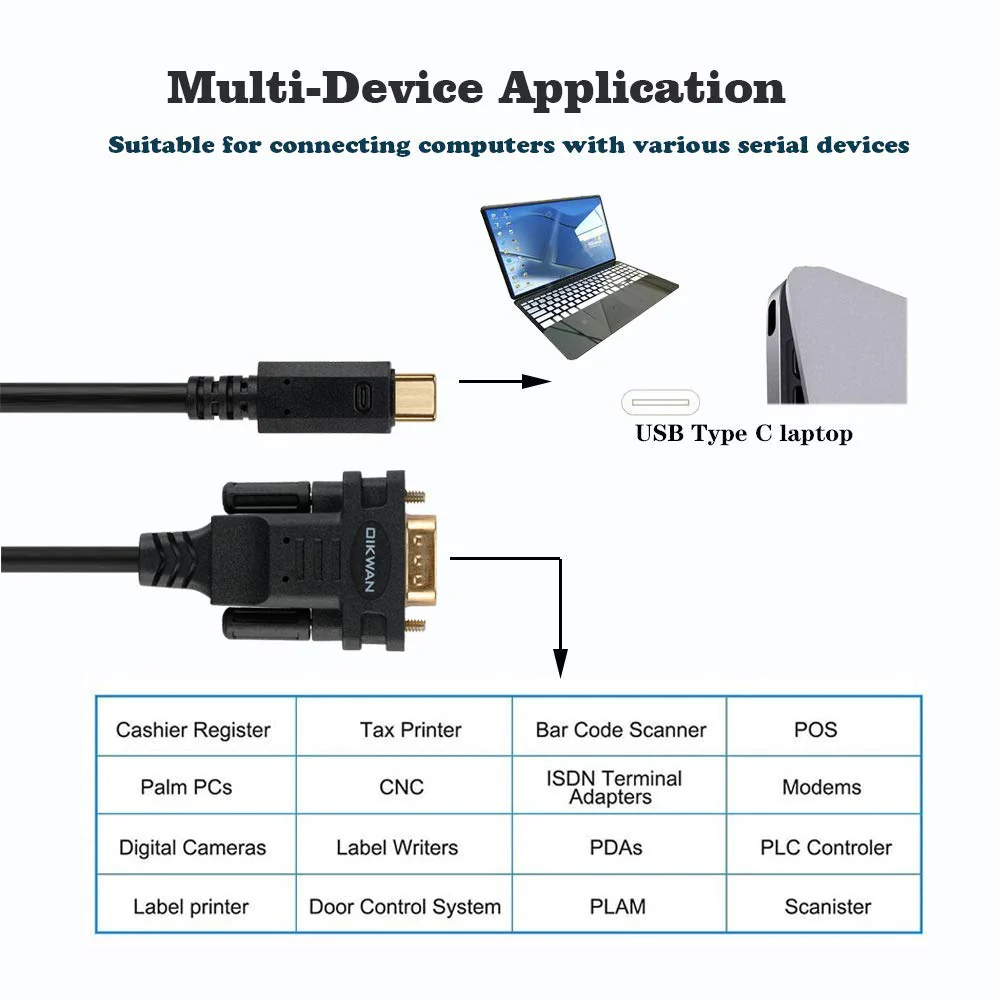 USB Type C to RS232 DB9 Serial Port Adapter Cable, FTDI Chipset, Supports Windows 11, 10, 8, 7 and Mac Linux 6FT USB-C to Serial DB9 - Image 2