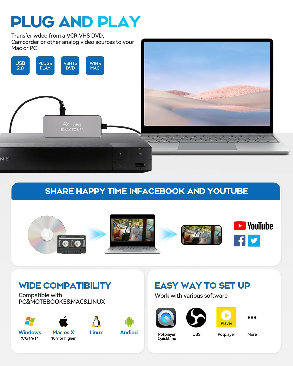 USB Video Capture Adapter, VHS to Digital Converter,Video Capture Card for VHS,RCA,HI9,hdmi for Video Streaming Convert VHS/DVD to Digital Format, RCA/S-Video/HDMI Input Optimized Version USB A - Image 6