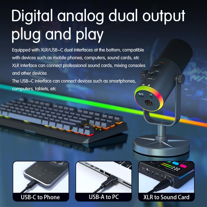USB/XLR Dynamic Microphone for Podcasting, Gaming Streaming Mic with RGB Light, Mute Button, Noise Cancellation, Desktop Stand - Image 5