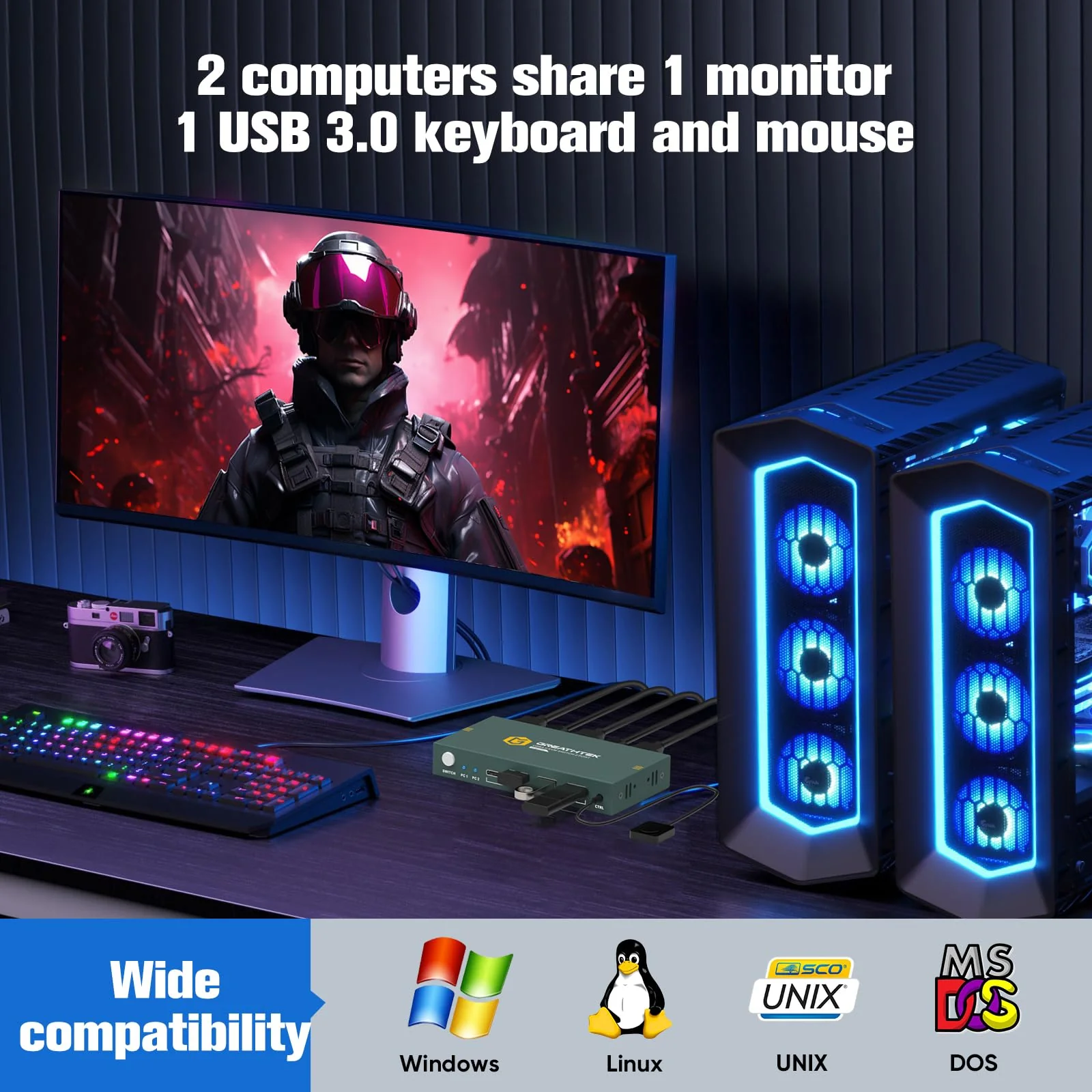 USB3.0 KVM Switch 2 Port HDMI, 4K@60Hz KVM Switch 1 Monitors 2 Computers with 3 USB3.0 Ports, HDMI KVM Switches for 2 PCs Share 1 Monitors and USB Devices, Support Button Switch, EDID Deep Blue - Image 3