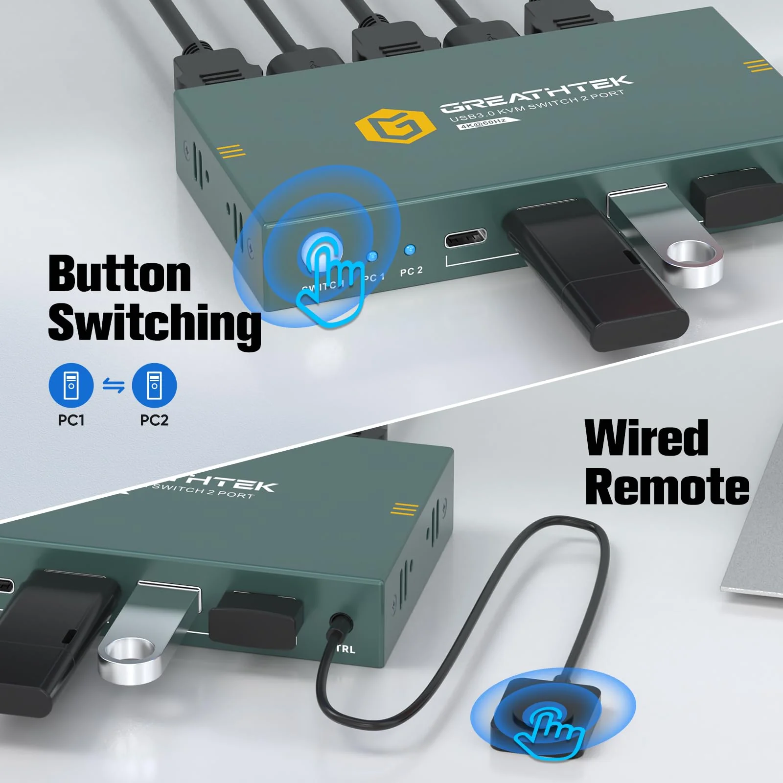 USB3.0 KVM Switch 2 Port HDMI, 4K@60Hz KVM Switch 1 Monitors 2 Computers with 3 USB3.0 Ports, HDMI KVM Switches for 2 PCs Share 1 Monitors and USB Devices, Support Button Switch, EDID Deep Blue - Image 5