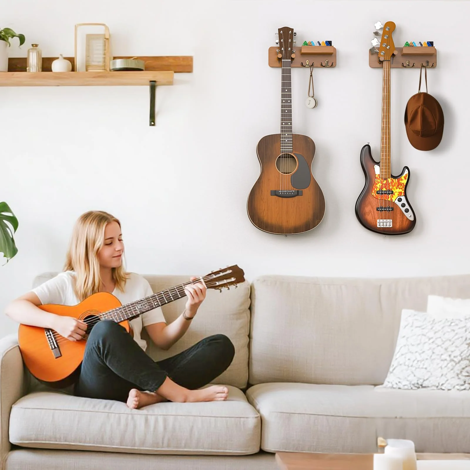 USION 2-Pack Guitar Wall Mount, Adjustable Guitar Hanger Wall Mount with Pick Holder and 2 Hooks Wood Guitar Wall Hangers, Guitar Holder for Acoustic, Electric, Bass, Ukulele(Brown 2PCS) brown 2PCS - Image 2