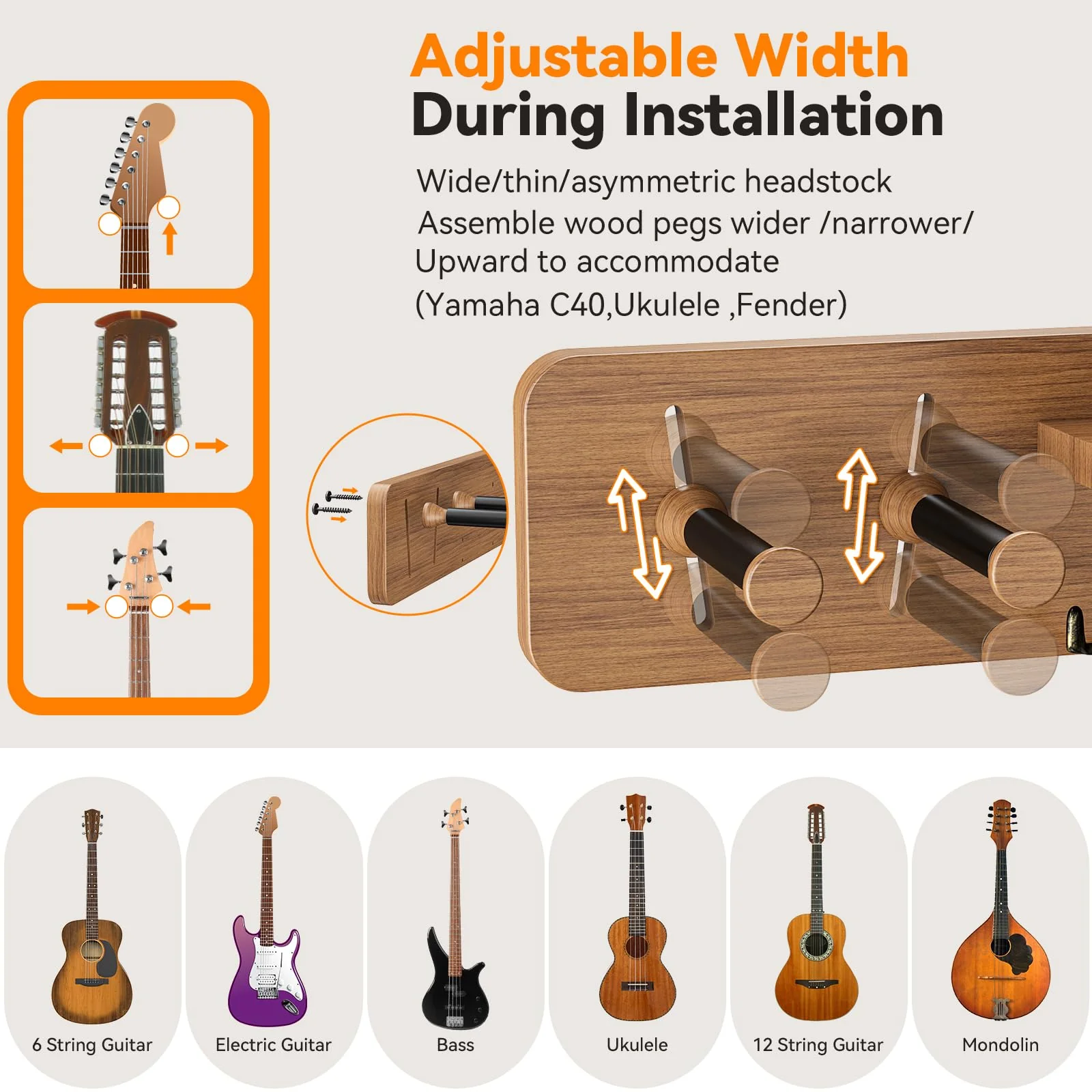 USION 2-Pack Guitar Wall Mount, Adjustable Guitar Hanger Wall Mount with Pick Holder and 2 Hooks Wood Guitar Wall Hangers, Guitar Holder for Acoustic, Electric, Bass, Ukulele(Brown 2PCS) brown 2PCS - Image 3
