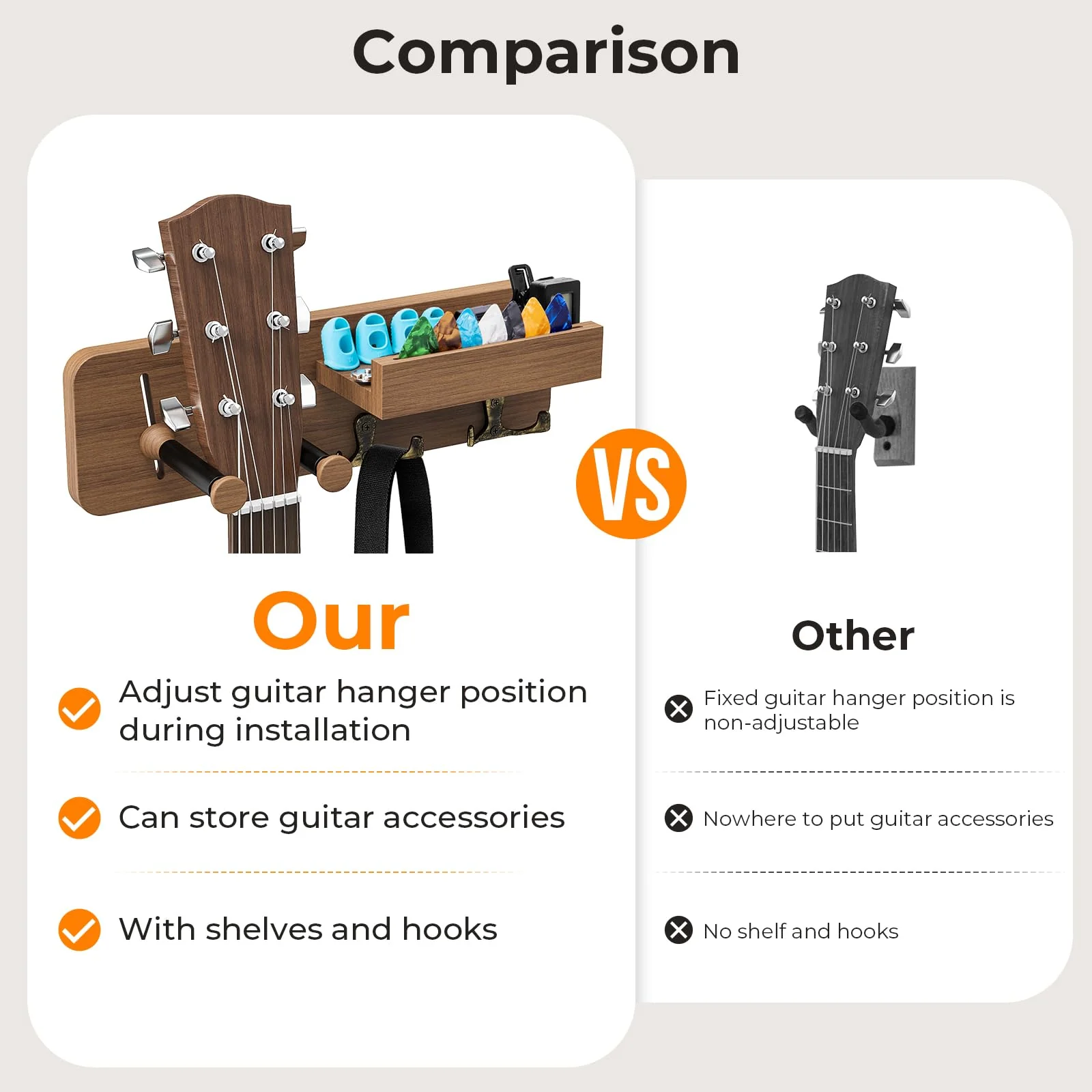 USION 2-Pack Guitar Wall Mount, Adjustable Guitar Hanger Wall Mount with Pick Holder and 2 Hooks Wood Guitar Wall Hangers, Guitar Holder for Acoustic, Electric, Bass, Ukulele(Brown 2PCS) brown 2PCS - Image 4