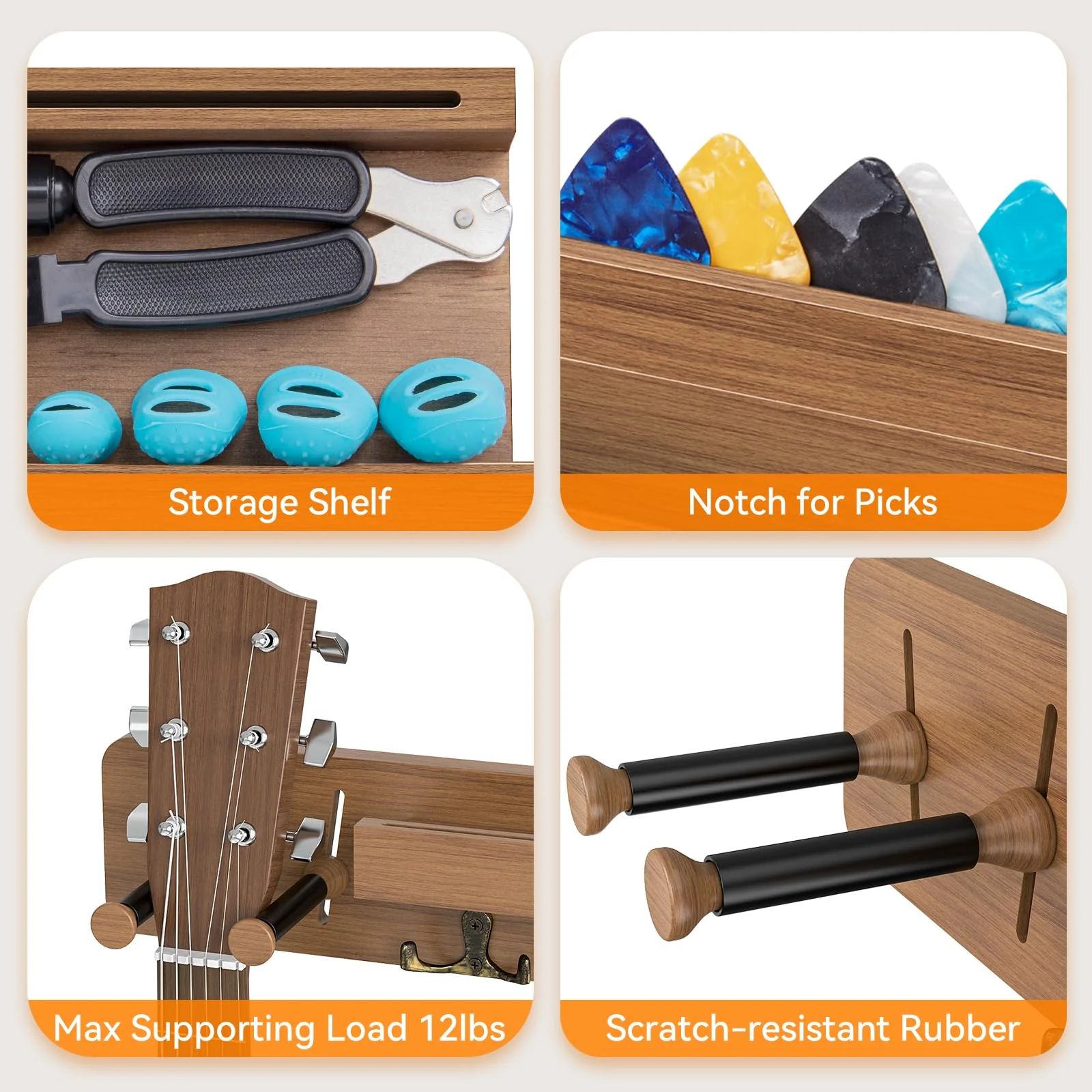 USION 2-Pack Guitar Wall Mount, Adjustable Guitar Hanger Wall Mount with Pick Holder and 2 Hooks Wood Guitar Wall Hangers, Guitar Holder for Acoustic, Electric, Bass, Ukulele(Brown 2PCS) brown 2PCS - Image 5