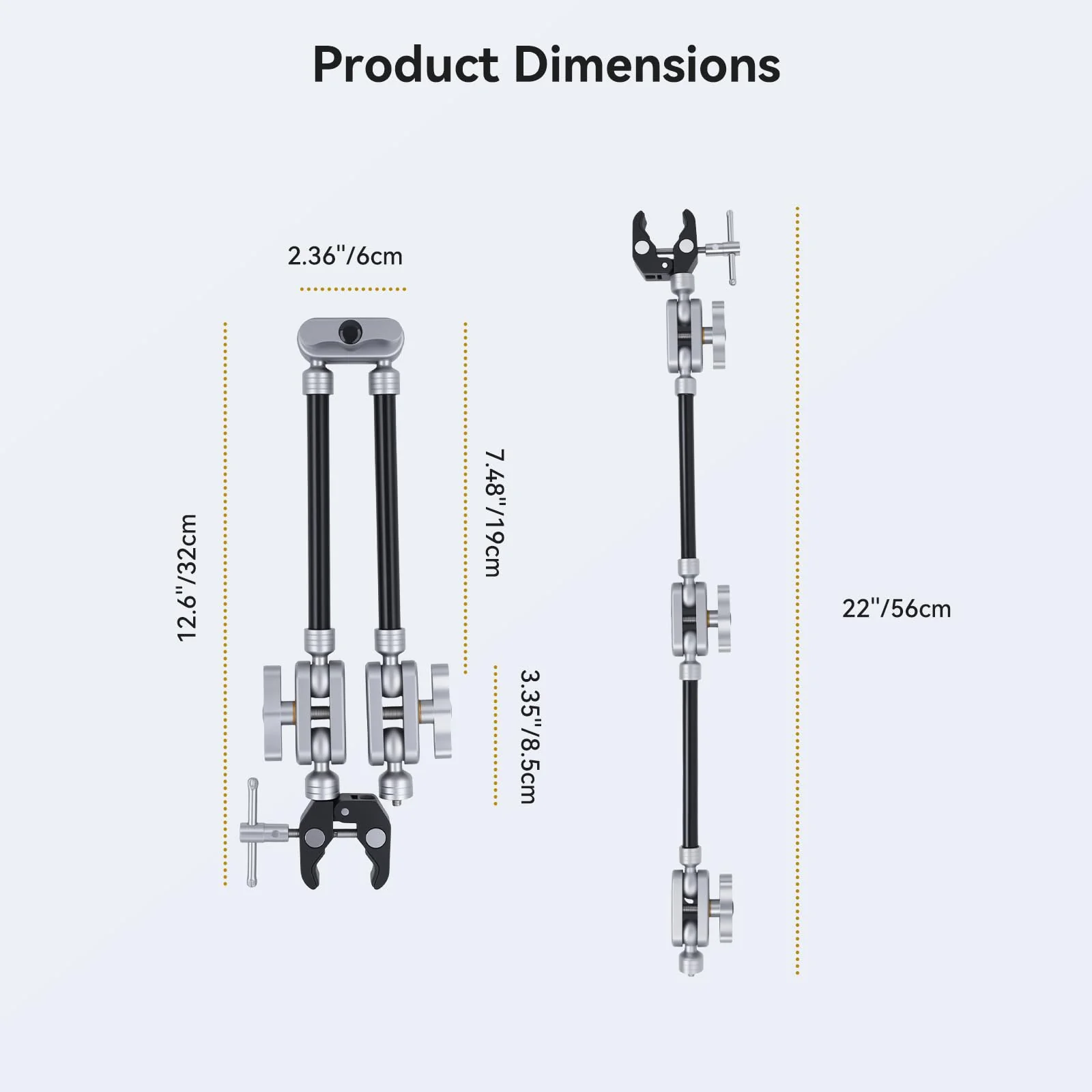 UTEBIT 22" Magic Arm w Clamp Mount, Desk Camera Mount Articulating Friction Boom w Arm 1/4" Thread Adapter, Overhead Desk Phone Mount for Video Light Webcam Microphone Action Camera Content Creators - Image 6