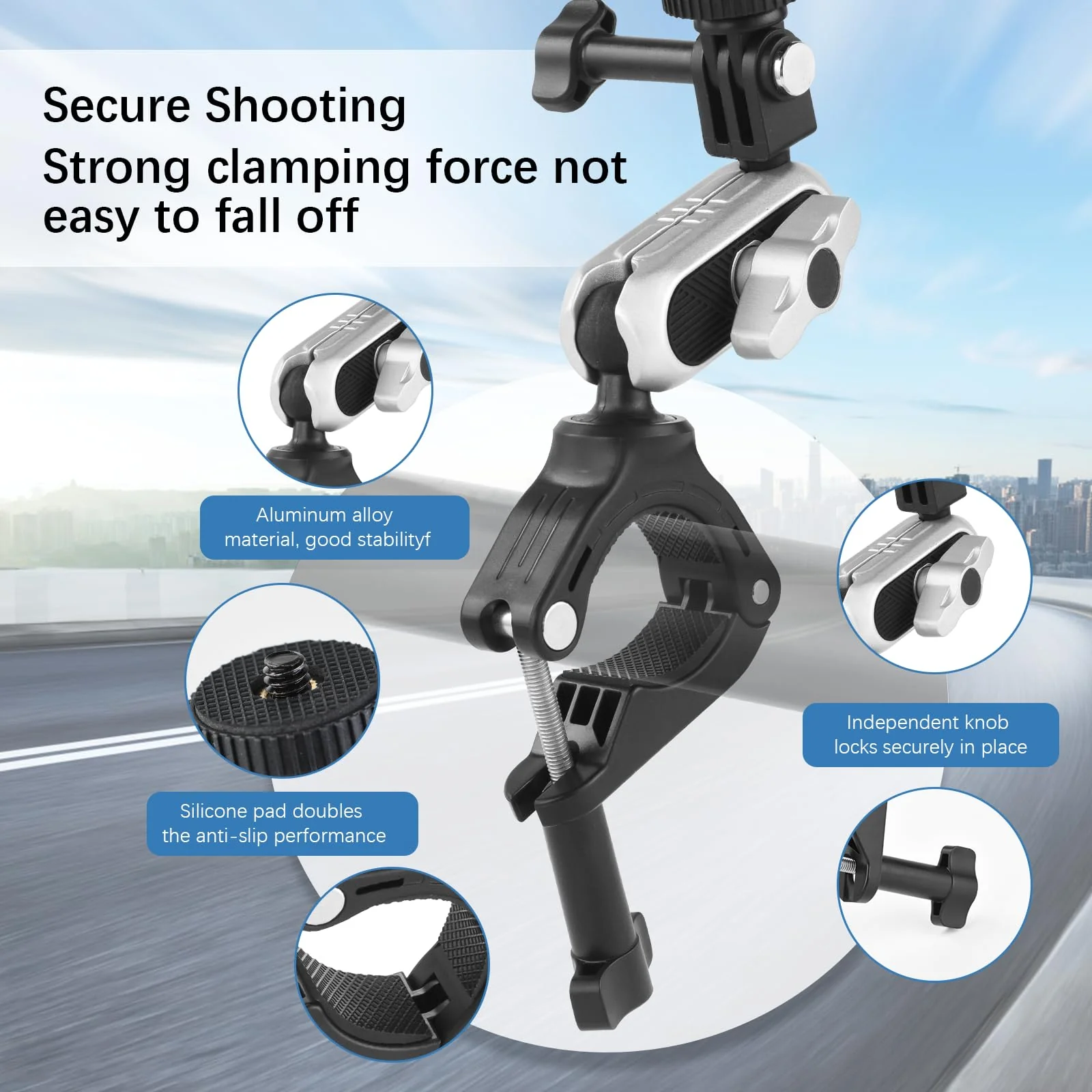 UTEBIT Camera Bike Mount Clamp with 360°Dual Ballhead Rotation,Bicycle Handlebar Clamp Mount Motorcycle Bracket Handlebar with Action Camera Mount Adapter, Compatible with GO PRO/Action Cameras/Phone - Image 2