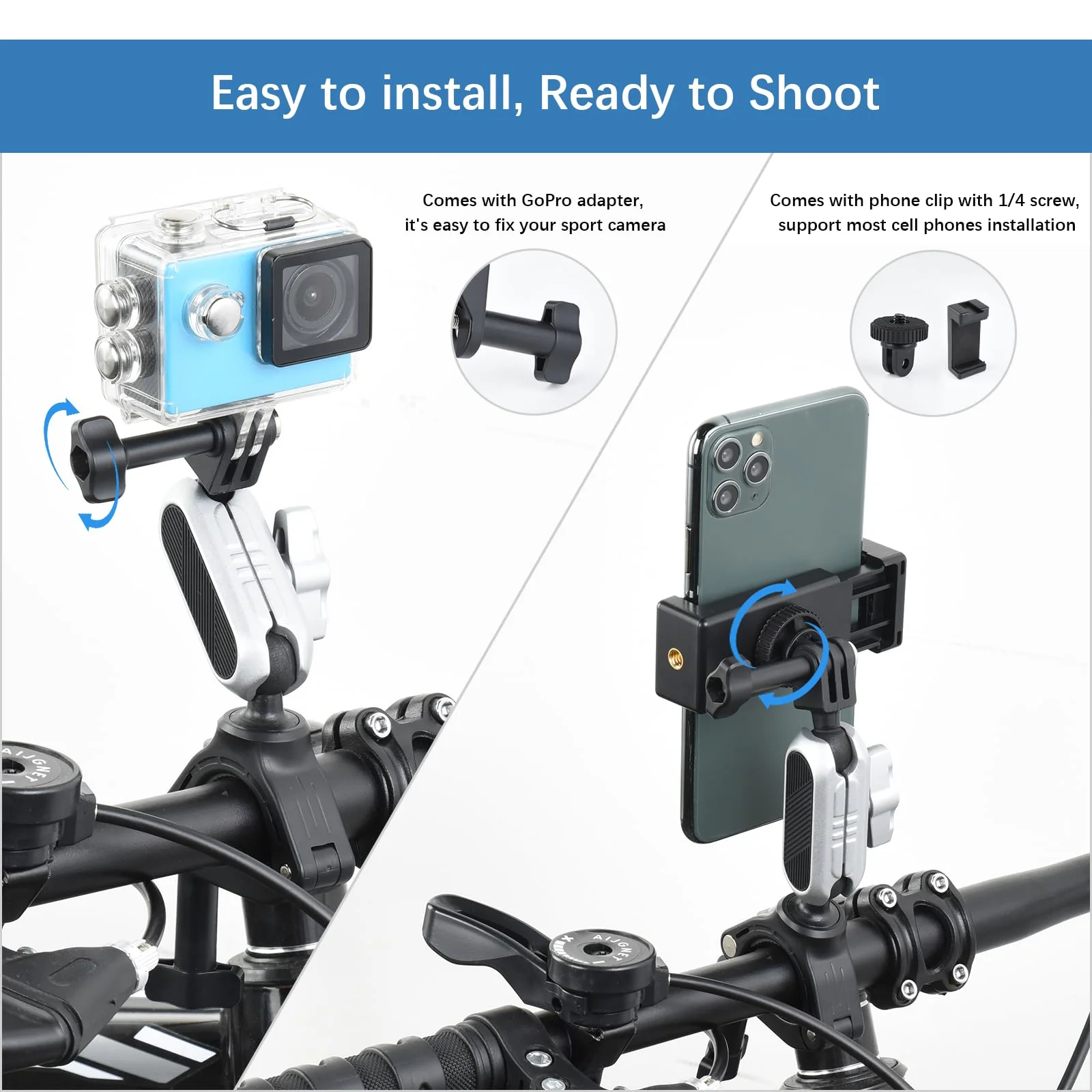 UTEBIT Camera Bike Mount Clamp with 360°Dual Ballhead Rotation,Bicycle Handlebar Clamp Mount Motorcycle Bracket Handlebar with Action Camera Mount Adapter, Compatible with GO PRO/Action Cameras/Phone - Image 3