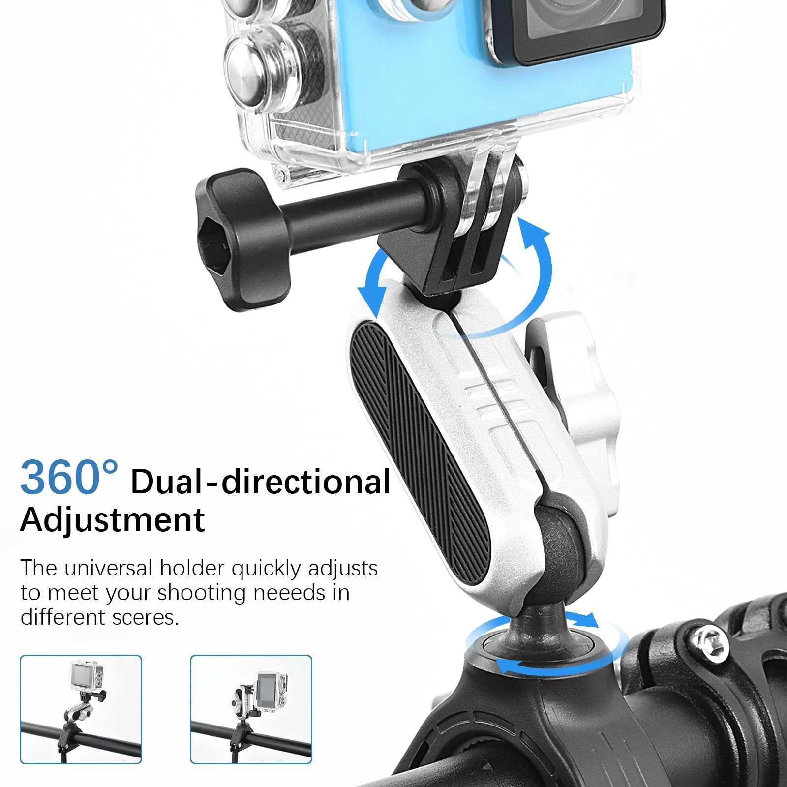UTEBIT Camera Bike Mount Clamp with 360°Dual Ballhead Rotation,Bicycle Handlebar Clamp Mount Motorcycle Bracket Handlebar with Action Camera Mount Adapter, Compatible with GO PRO/Action Cameras/Phone - Image 4