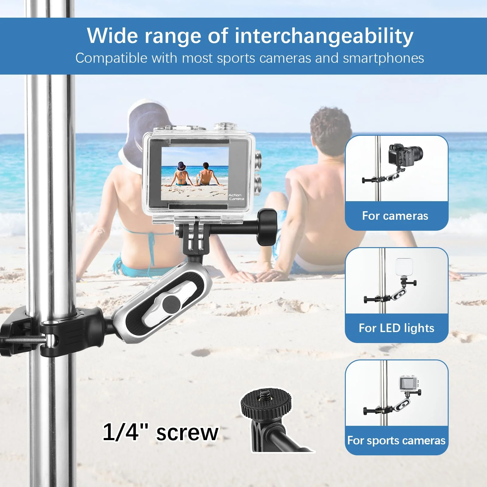 UTEBIT Camera Bike Mount Clamp with 360°Dual Ballhead Rotation,Bicycle Handlebar Clamp Mount Motorcycle Bracket Handlebar with Action Camera Mount Adapter, Compatible with GO PRO/Action Cameras/Phone - Image 5