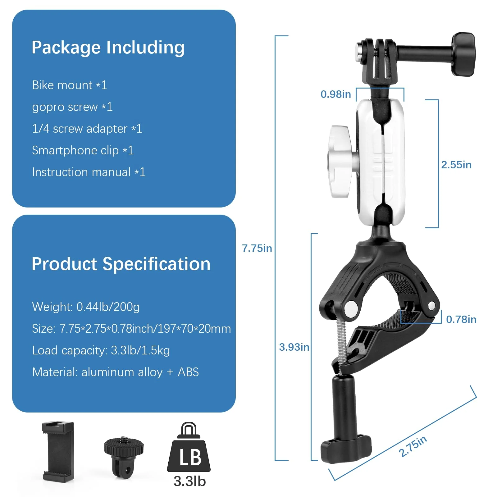 UTEBIT Camera Bike Mount Clamp with 360°Dual Ballhead Rotation,Bicycle Handlebar Clamp Mount Motorcycle Bracket Handlebar with Action Camera Mount Adapter, Compatible with GO PRO/Action Cameras/Phone - Image 6