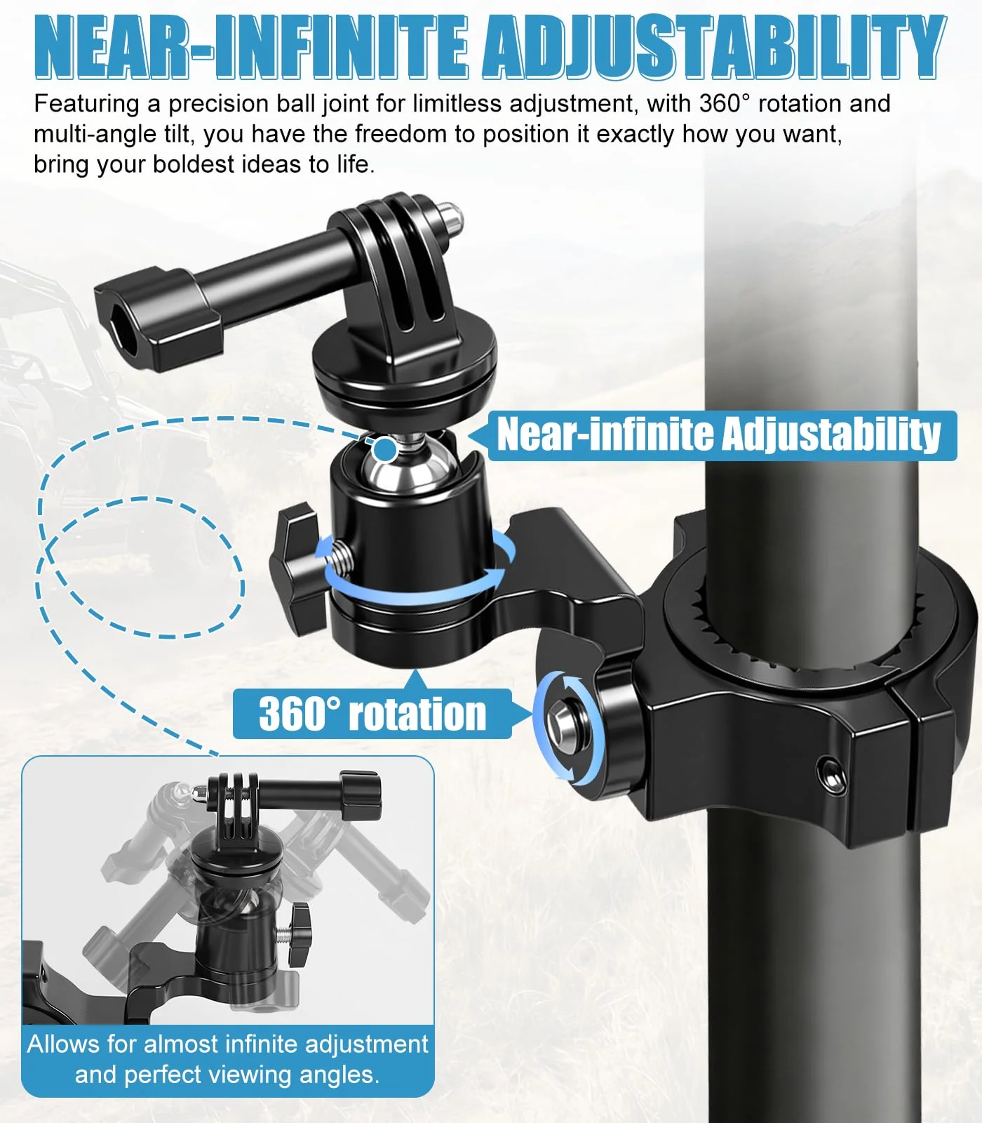 UTV Aluminum Action Camera Clamp Mount Holder Fits for GoPro Hero 13 12 11 10 9 8 7 6 5 4 3 DJI Osmo Arlo Akaso EK7000 Insta360 Cams, 1-2" Roll Bar Clamps for SXS Polaris Ranger Can-Am CF Moto - Image 2