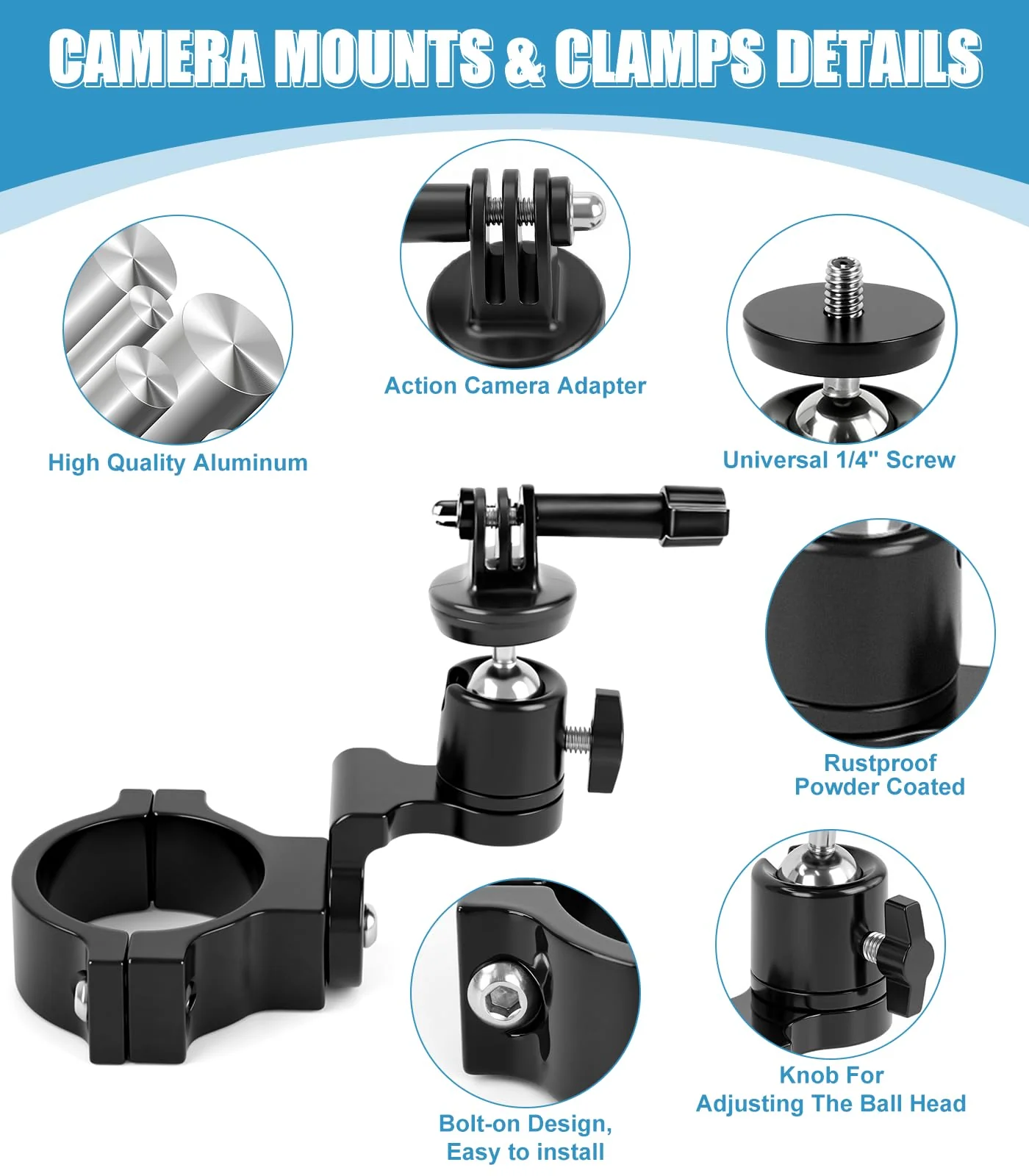 UTV Aluminum Action Camera Clamp Mount Holder Fits for GoPro Hero 13 12 11 10 9 8 7 6 5 4 3 DJI Osmo Arlo Akaso EK7000 Insta360 Cams, 1-2" Roll Bar Clamps for SXS Polaris Ranger Can-Am CF Moto - Image 5