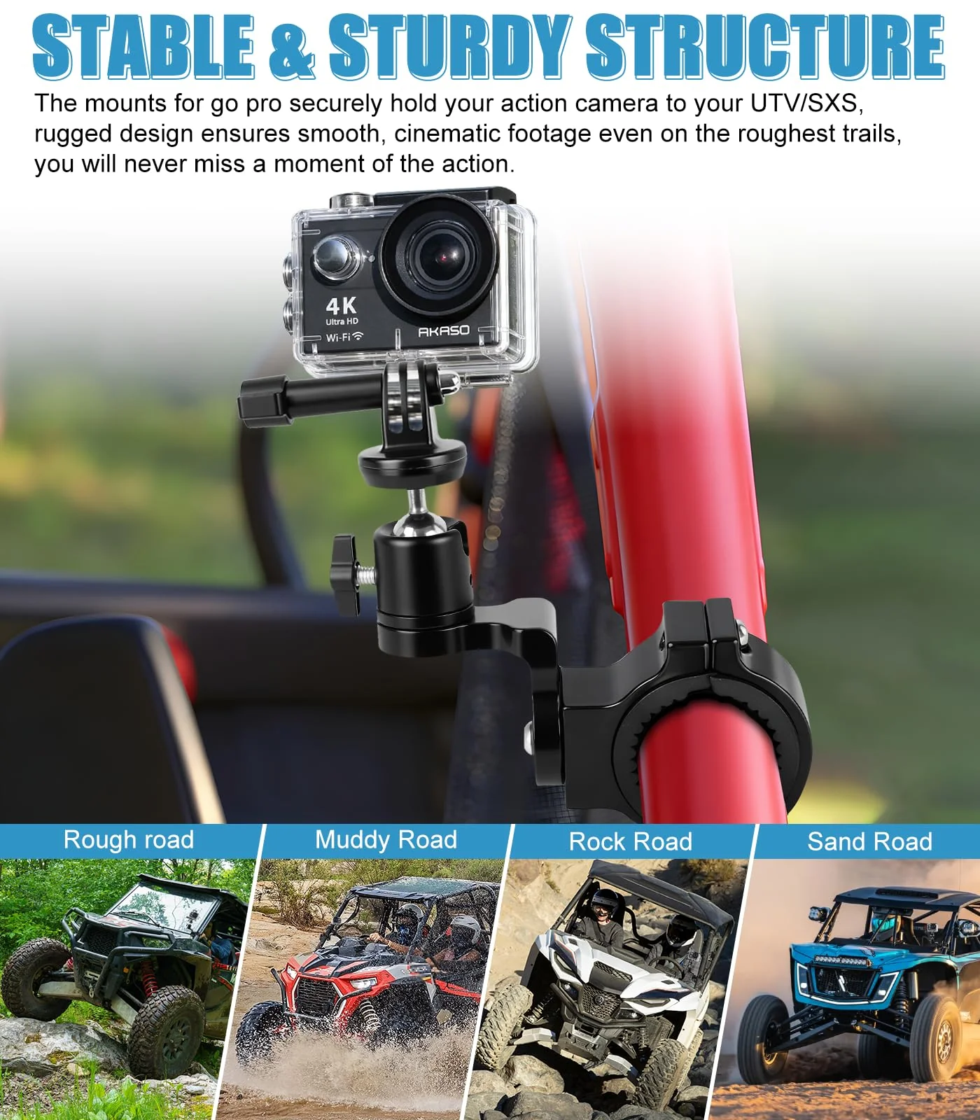 UTV Aluminum Action Camera Clamp Mount Holder Fits for GoPro Hero 13 12 11 10 9 8 7 6 5 4 3 DJI Osmo Arlo Akaso EK7000 Insta360 Cams, 1-2" Roll Bar Clamps for SXS Polaris Ranger Can-Am CF Moto - Image 7