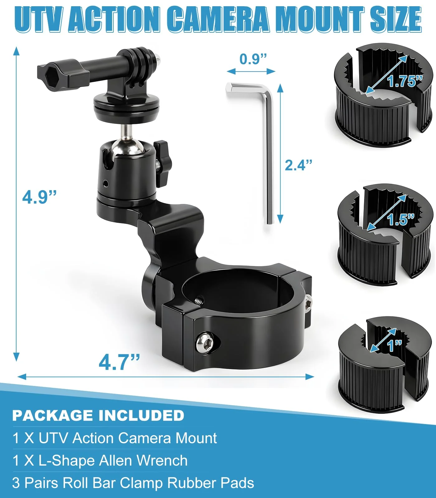 UTV Aluminum Action Camera Clamp Mount Holder Fits for GoPro Hero 13 12 11 10 9 8 7 6 5 4 3 DJI Osmo Arlo Akaso EK7000 Insta360 Cams, 1-2" Roll Bar Clamps for SXS Polaris Ranger Can-Am CF Moto - Image 9