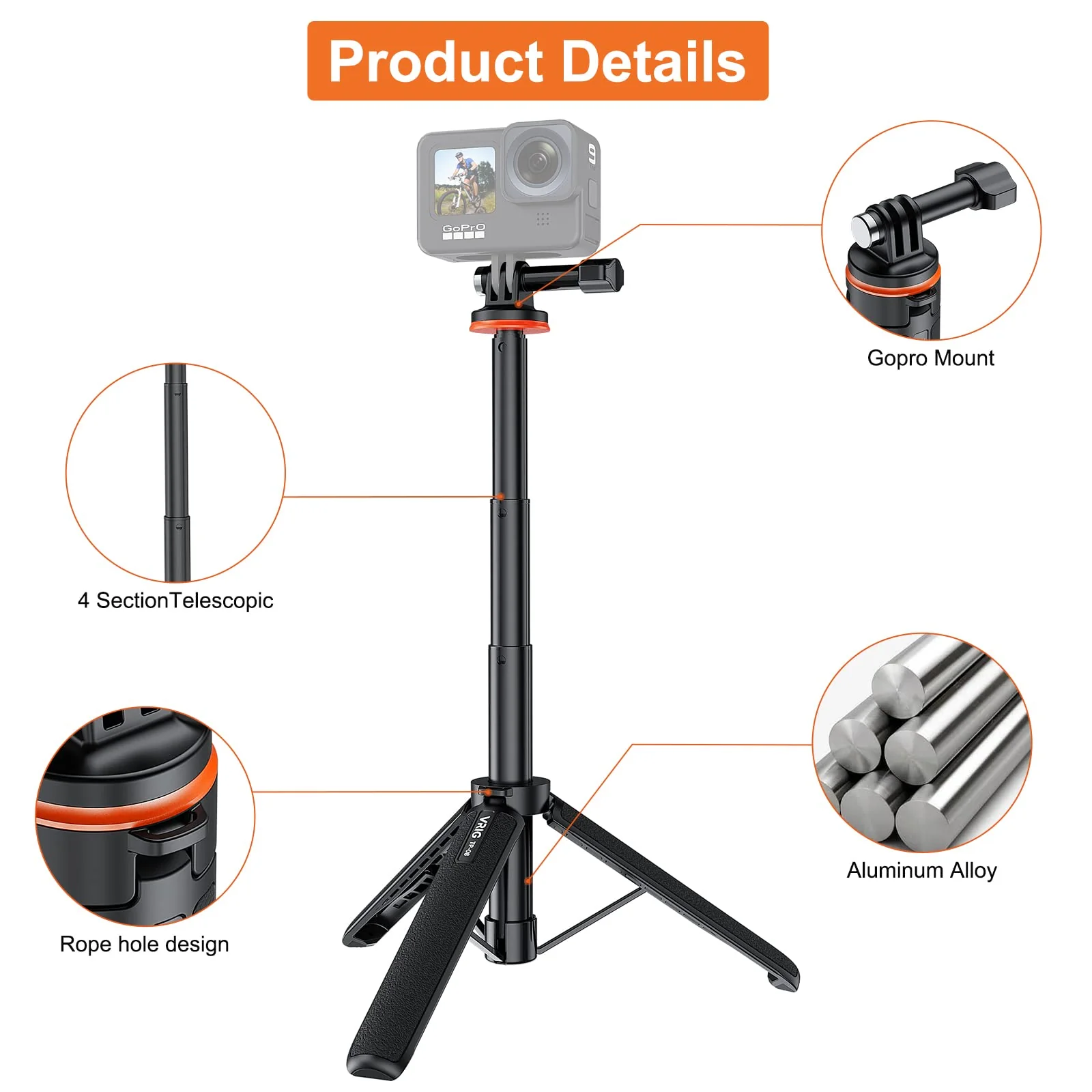 UURIG 20.1" Mini Extendable Gopro Tripod Portable Selfie Stick Tripod Camera Tripod for GoPro Max Hero 11 10 9 8 7 6 5 4 3 3+ 2 1 Session A0040 - Image 3
