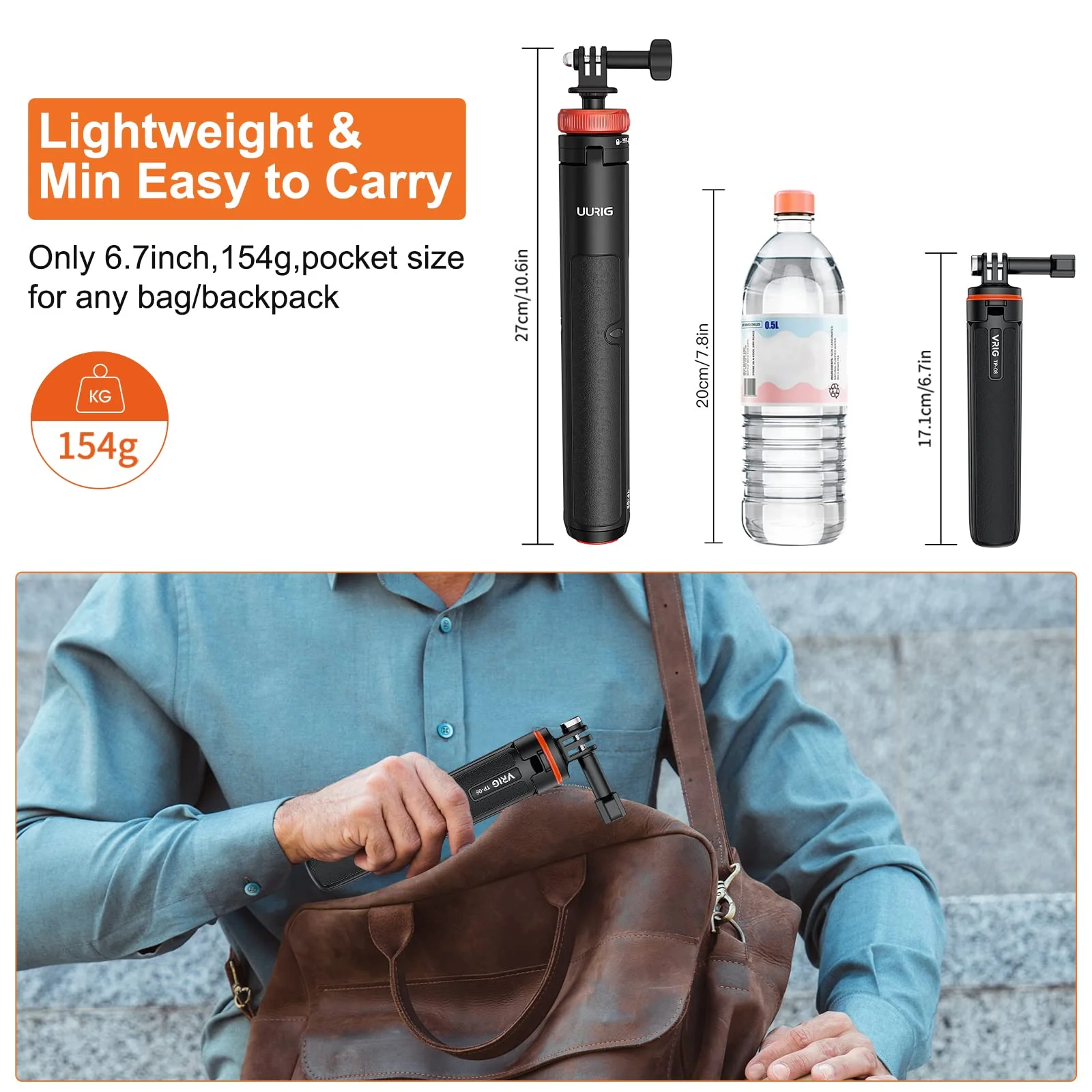 UURIG 20.1" Mini Extendable Gopro Tripod Portable Selfie Stick Tripod Camera Tripod for GoPro Max Hero 11 10 9 8 7 6 5 4 3 3+ 2 1 Session A0040 - Image 5