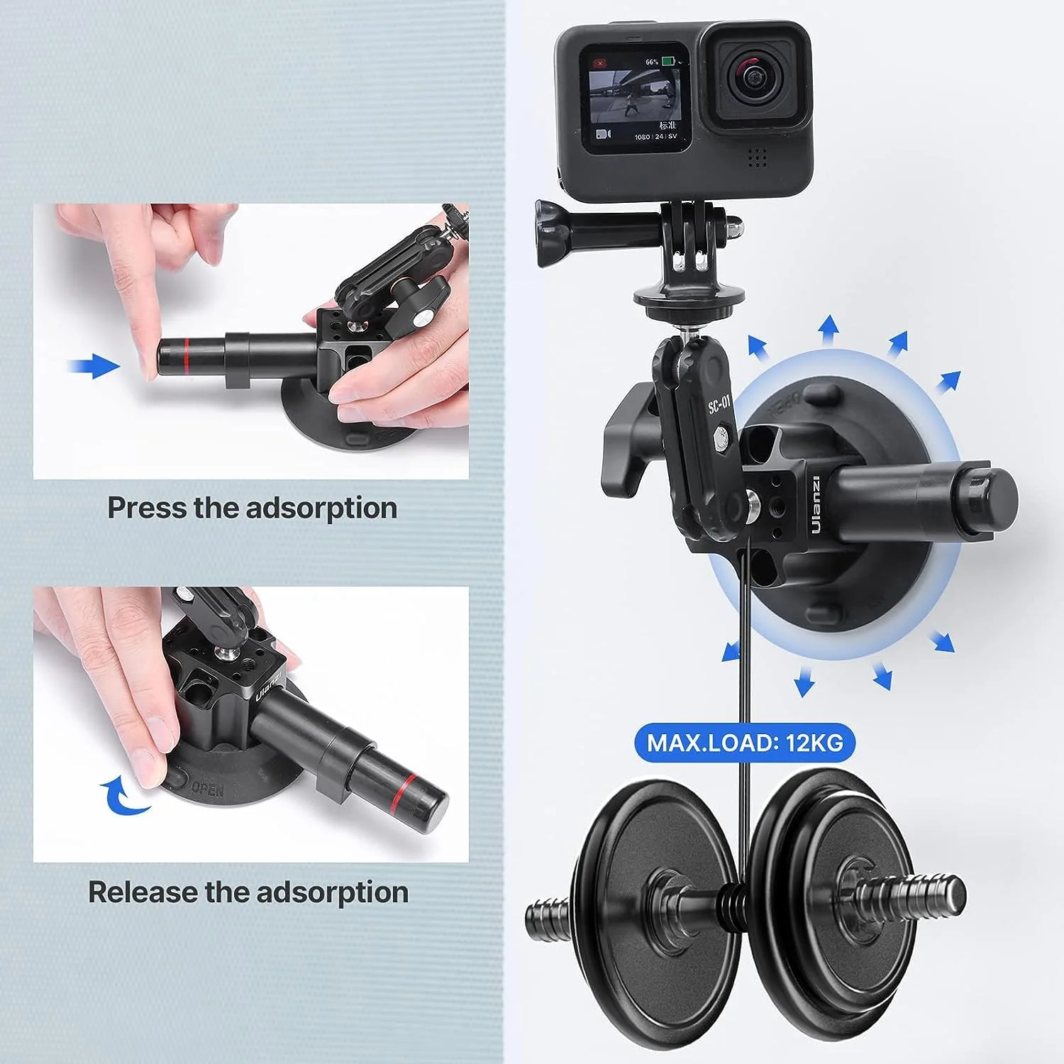 UURig SC-01 Suction Mount 3" for Vlogging Action Camera Car w Smartphone Clamp Compatible with DJI OSMO Pocket 3/OSMO 360/Insta 360 x5/Xtra/iPhone 17 16 15 14Pro Max, 1/4" Magic Arm Windshield Window 3" SC-01 Suction Mount - Image 4