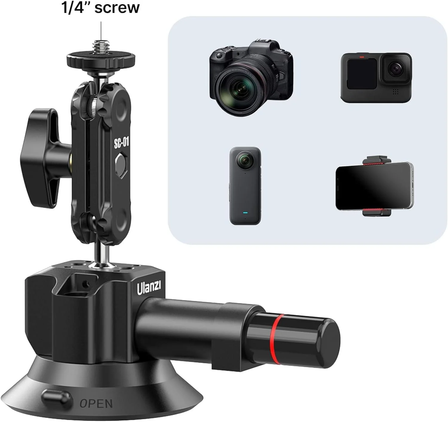 UURig SC-01 Suction Mount 3" for Vlogging Action Camera Car w Smartphone Clamp Compatible with DJI OSMO Pocket 3/OSMO 360/Insta 360 x5/Xtra/iPhone 17 16 15 14Pro Max, 1/4" Magic Arm Windshield Window 3" SC-01 Suction Mount - Image 5