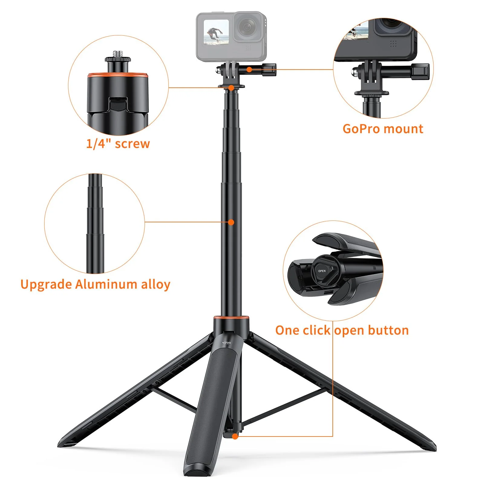 UURig TP21 54inch Telescopic Selfie Stick Long with Tripod, Waterproof Hand Grip, for Insta360 GoPro Hero 10 9 8 7 6 5 4 3 2, Fusion, Max, Session, AKASO, SJCAM, DJI OSMO GoPro A0097 - Image 4