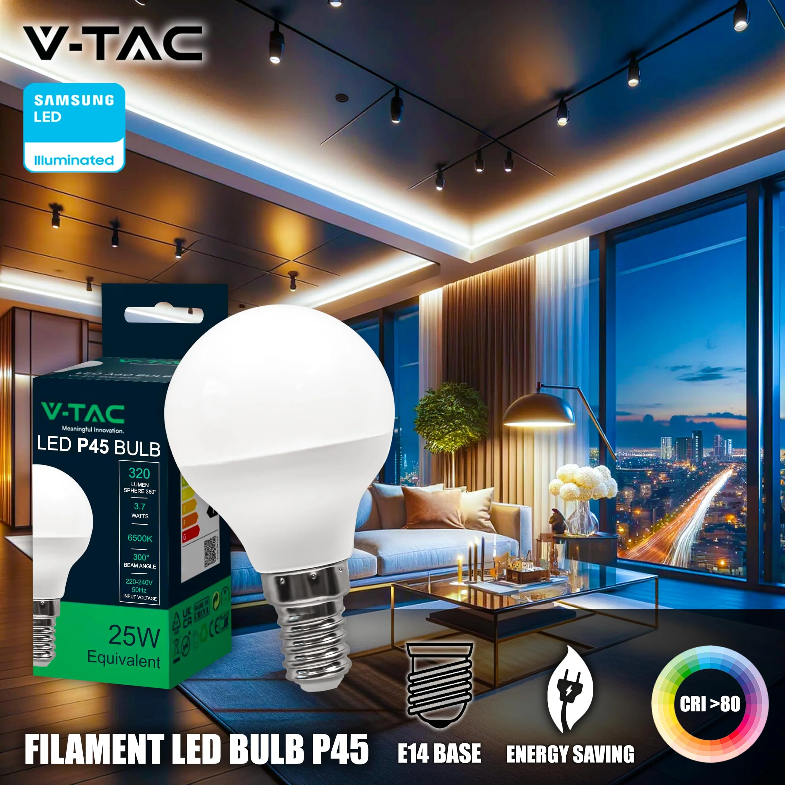 V-TAC 10 x LED Light Bulbs P45 Maximum Energy Efficiency E14 3.7 W (Equivalent to 25 W) 320 Lumen LED Light Bulbs Energy Saving Light Bulb Light 6500 K Cool White 3.7 watts Cold White - Image 2