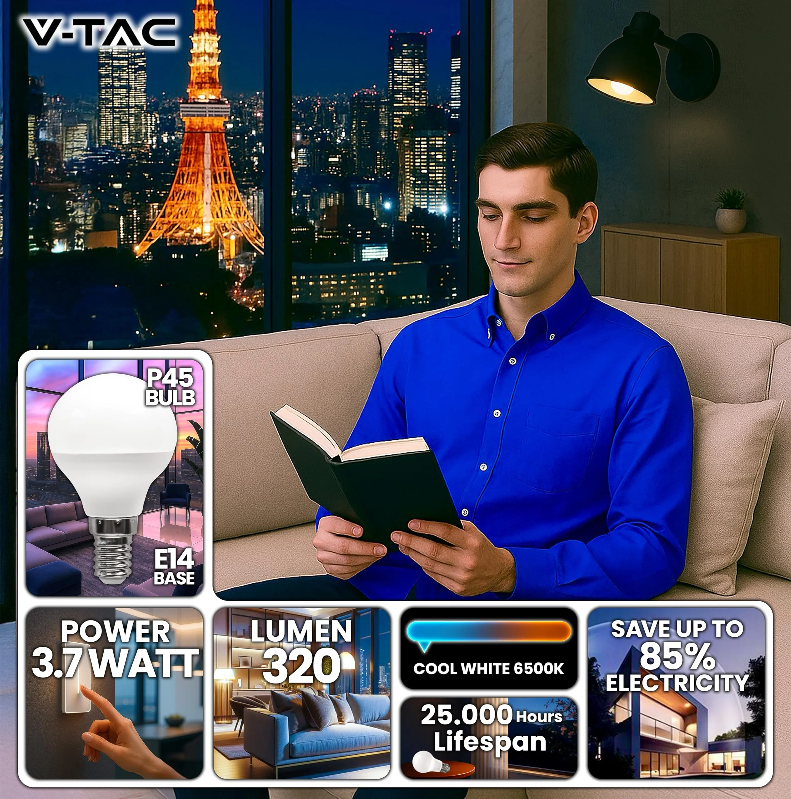 V-TAC 10 x LED Light Bulbs P45 Maximum Energy Efficiency E14 3.7 W (Equivalent to 25 W) 320 Lumen LED Light Bulbs Energy Saving Light Bulb Light 6500 K Cool White 3.7 watts Cold White - Image 3