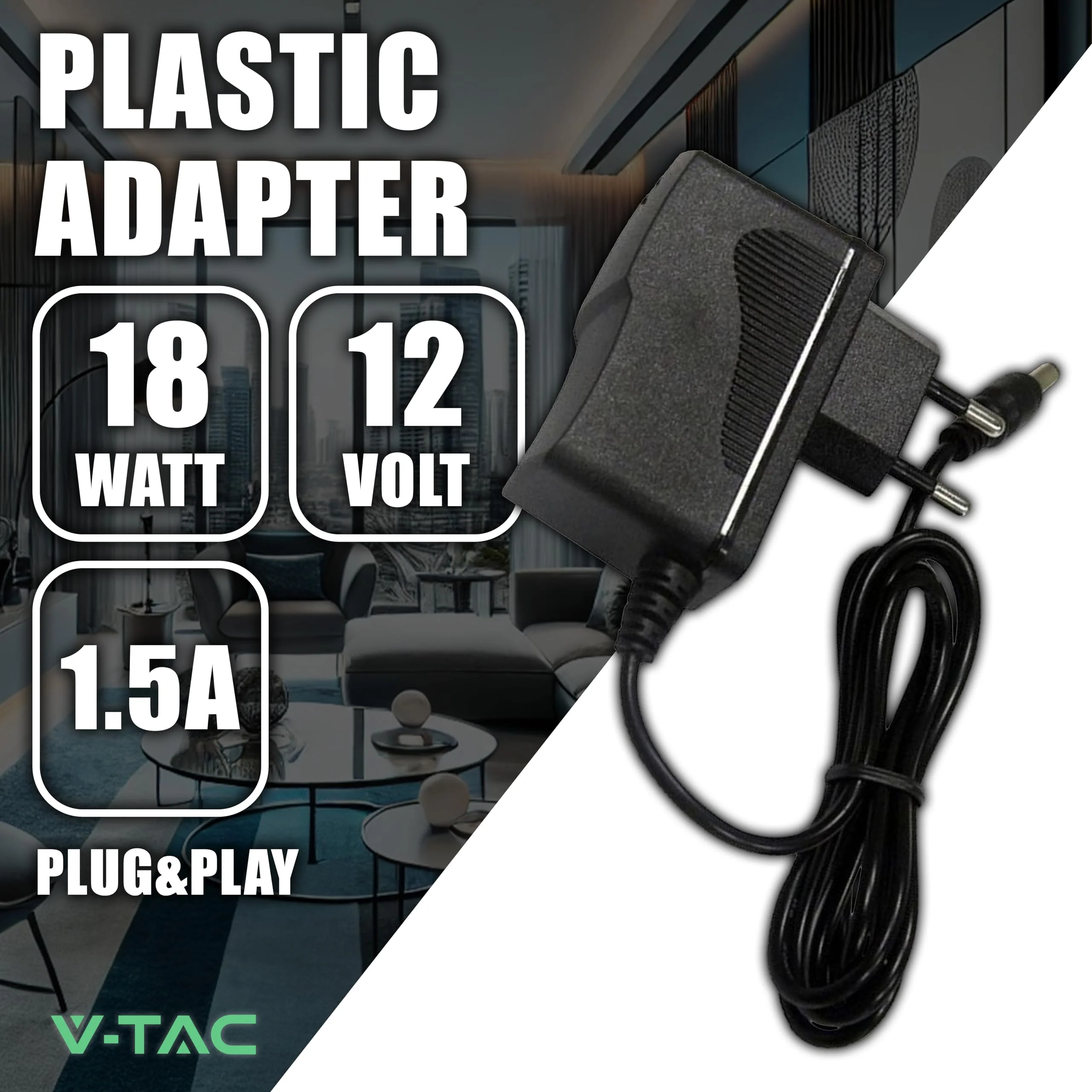V-TAC Power Supply Adapter 12 V 18 W 1.5 A for Cameras, LED Strips, Modem - Transformer 12 V - Power Adapter for Screens and Electronic Devices - Input AC 100-240 V - Euro Plug - Image 2
