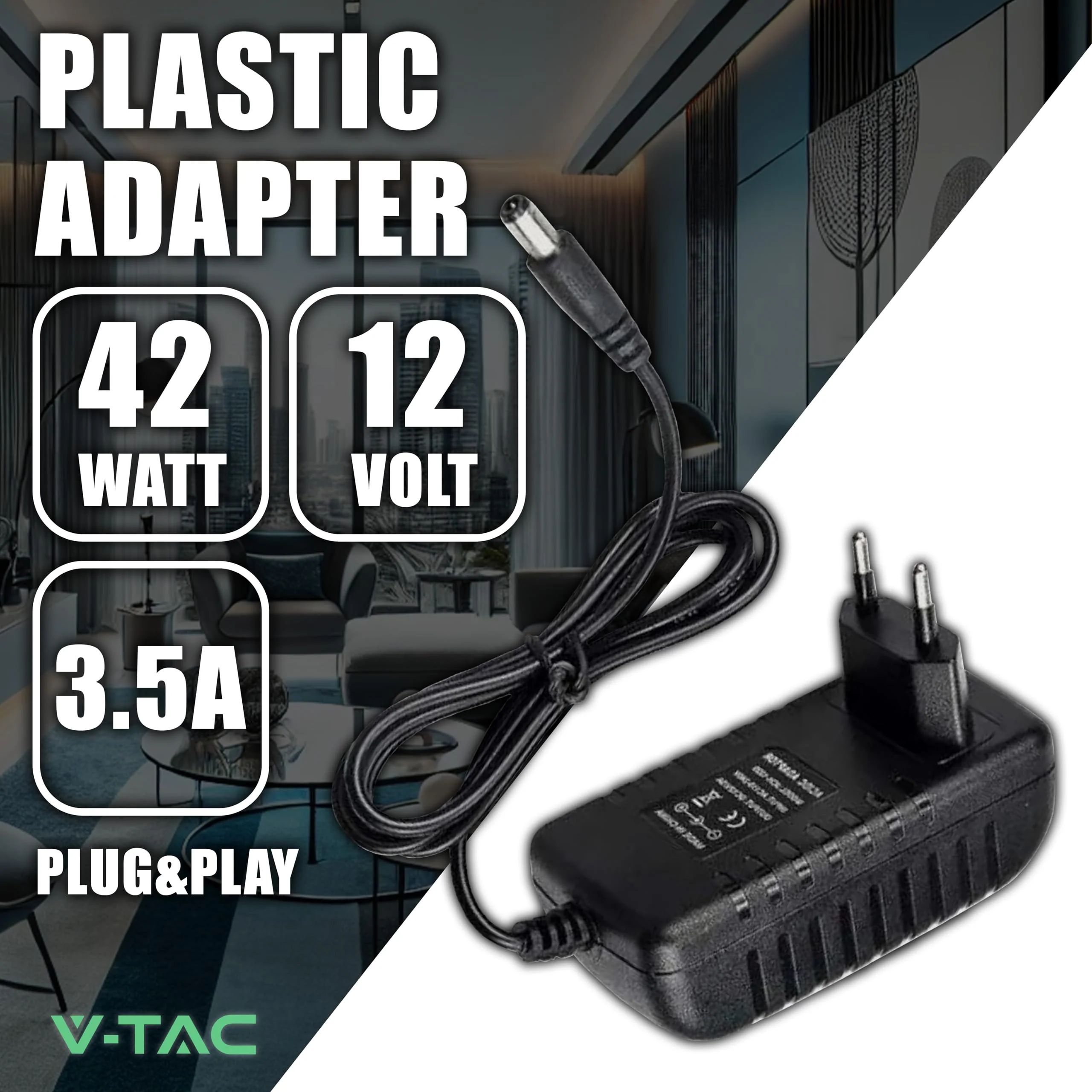 V-TAC Power Supply Adapter 12 V 42 W 3.5 A for Cameras, LED Strips, Modem - Transformer 12 V - Power Adapter for Screens and Electronic Devices - Input AC 100-240 V - Euro Plug 42 watts - Image 2