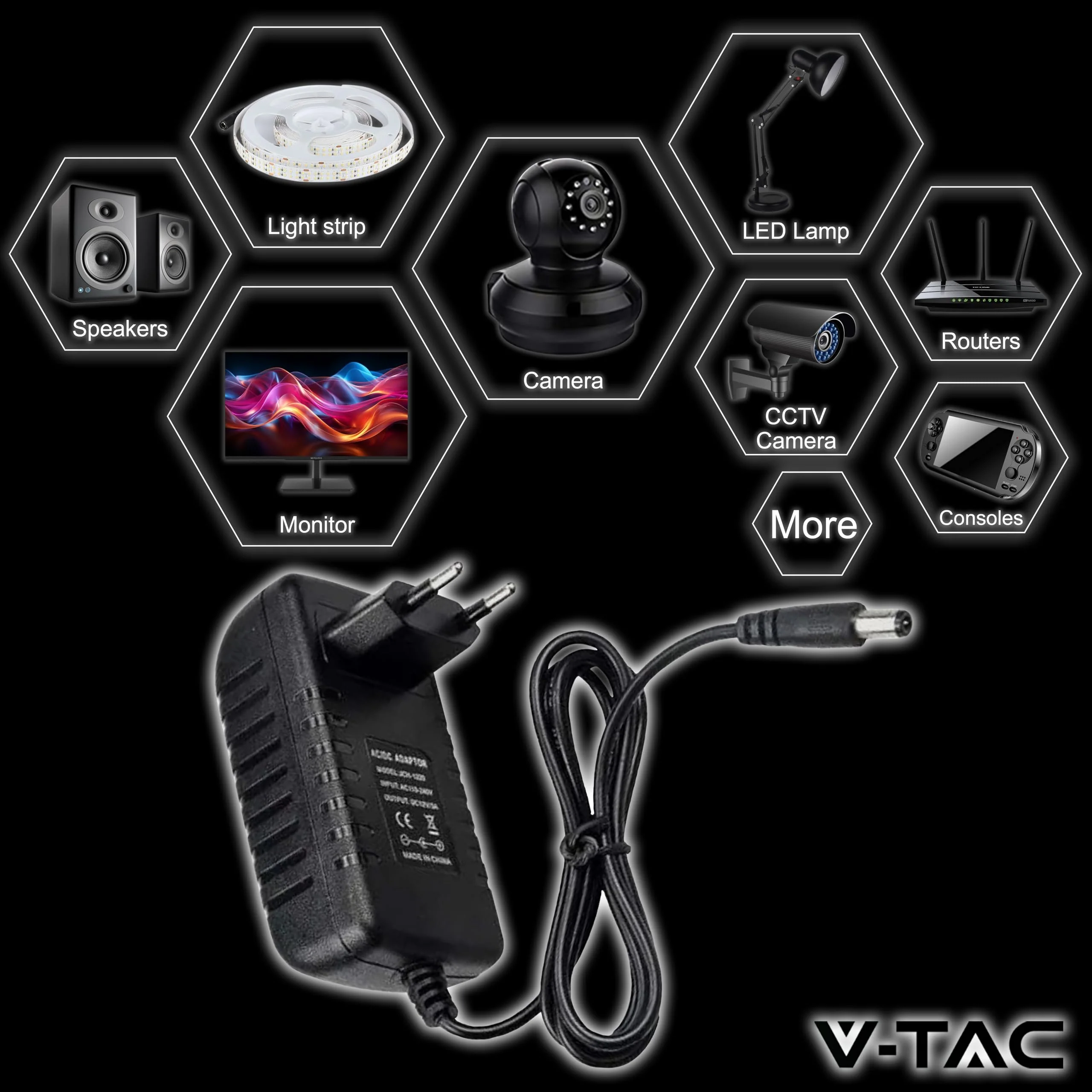 V-TAC Power Supply Adapter 12 V 42 W 3.5 A for Cameras, LED Strips, Modem - Transformer 12 V - Power Adapter for Screens and Electronic Devices - Input AC 100-240 V - Euro Plug 42 watts - Image 3