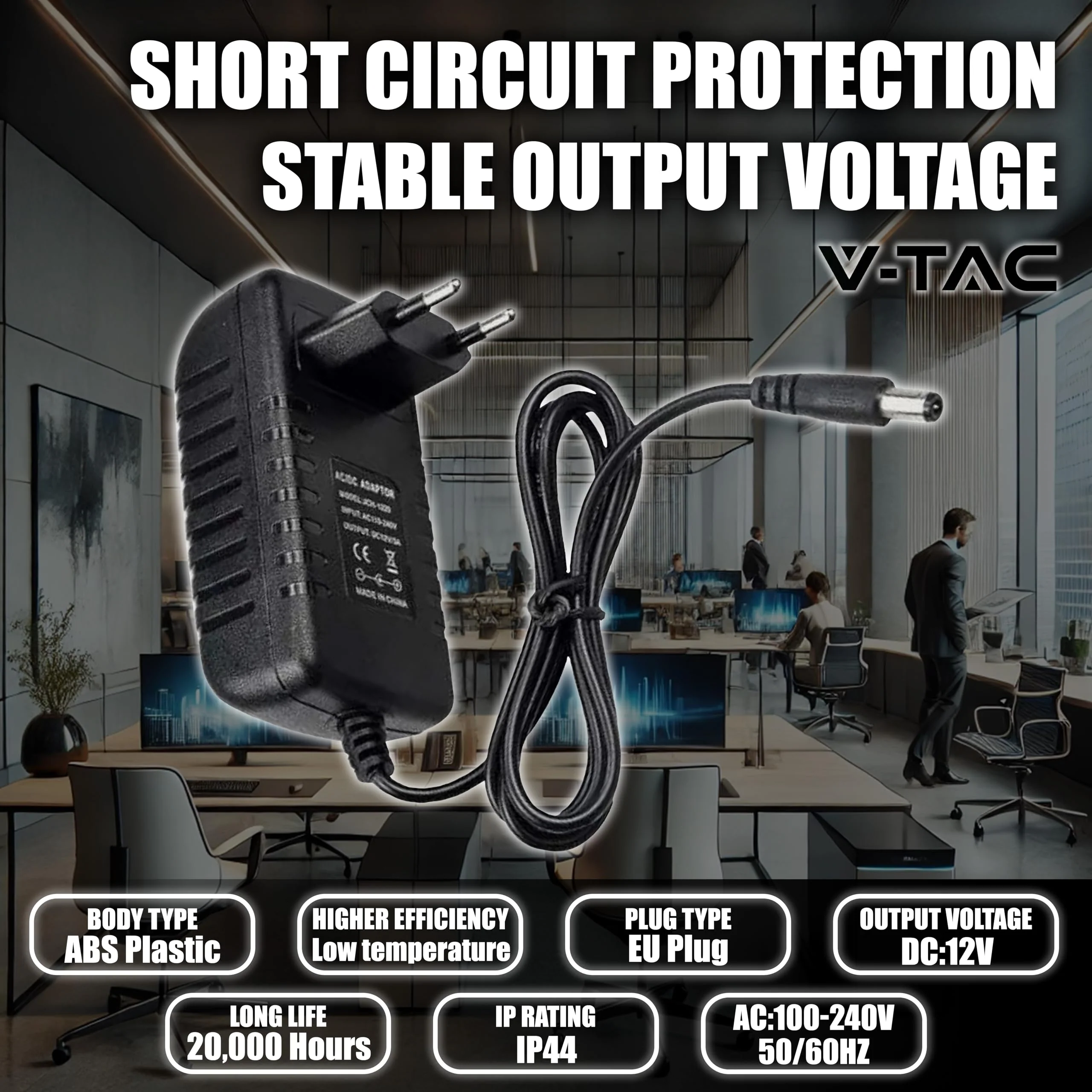 V-TAC Power Supply Adapter 12 V 42 W 3.5 A for Cameras, LED Strips, Modem - Transformer 12 V - Power Adapter for Screens and Electronic Devices - Input AC 100-240 V - Euro Plug 42 watts - Image 4