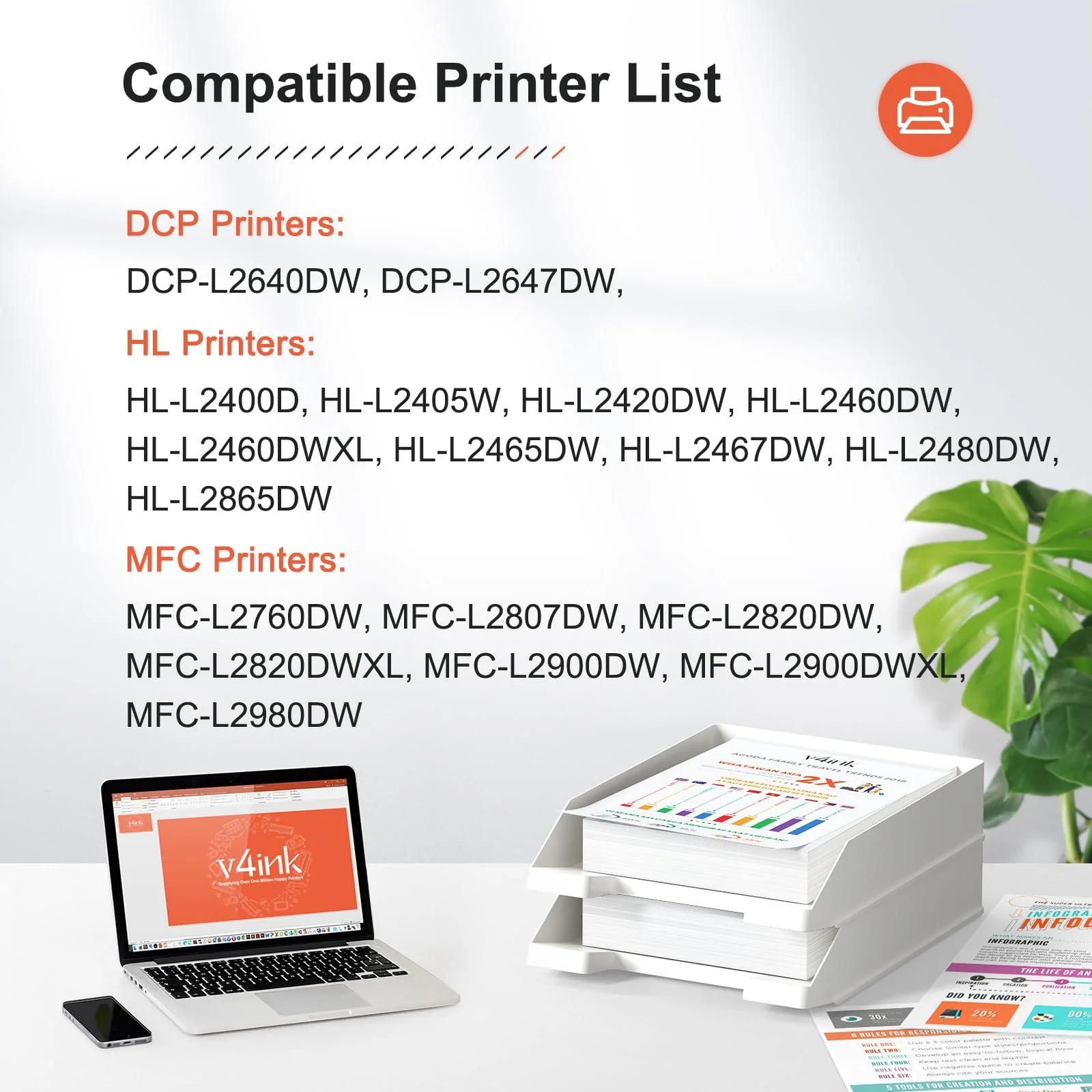 v4ink Compatible DR830 Drum Replacement for Brother DR830 DR-830 Drum Unit for Brother DCP-L2640DW HL-L2400D HL-L2405W HL-L2460DW HL-L2480DW MFC-L2820DW XL MFC-L2900DW Printer - NOT Toner - Image 2