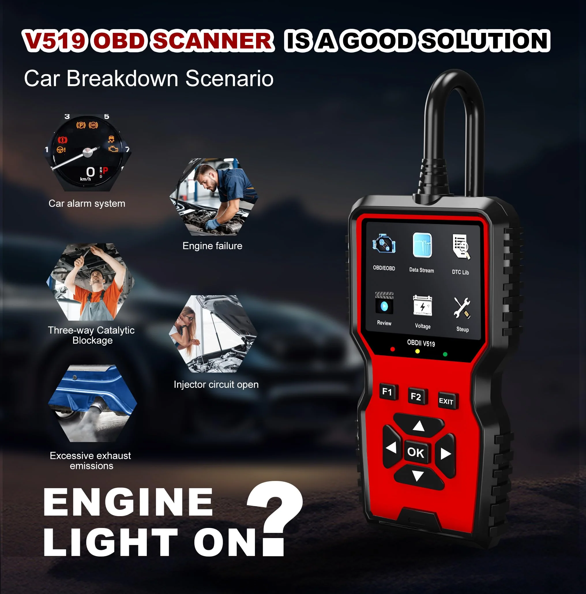 V519 OBD2 Diagnostic Scanner Tool - Vechicle Check Engine Light Code Reader with Battery Voltage Tester, I/M Readiness, Reset, and Code Eraser for All OBDII Car Since 1996 Red - Image 8