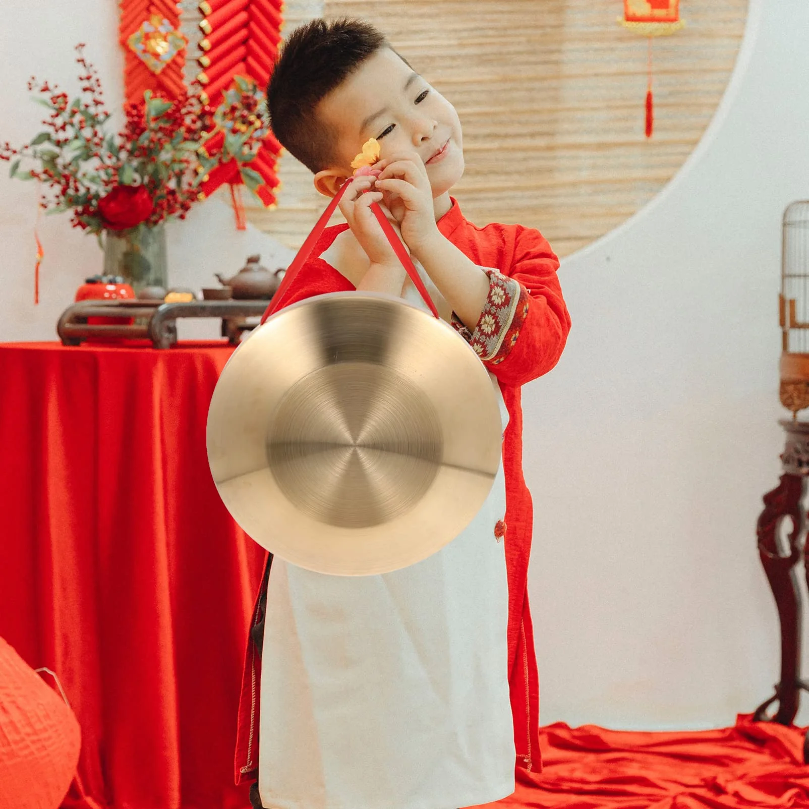Vaguelly 12.6 Inch Copper Gong Set Traditional Chinese Percussion Instrument with Wooden Hammer and Hanging String for Music Performance 32X32cm - Image 6
